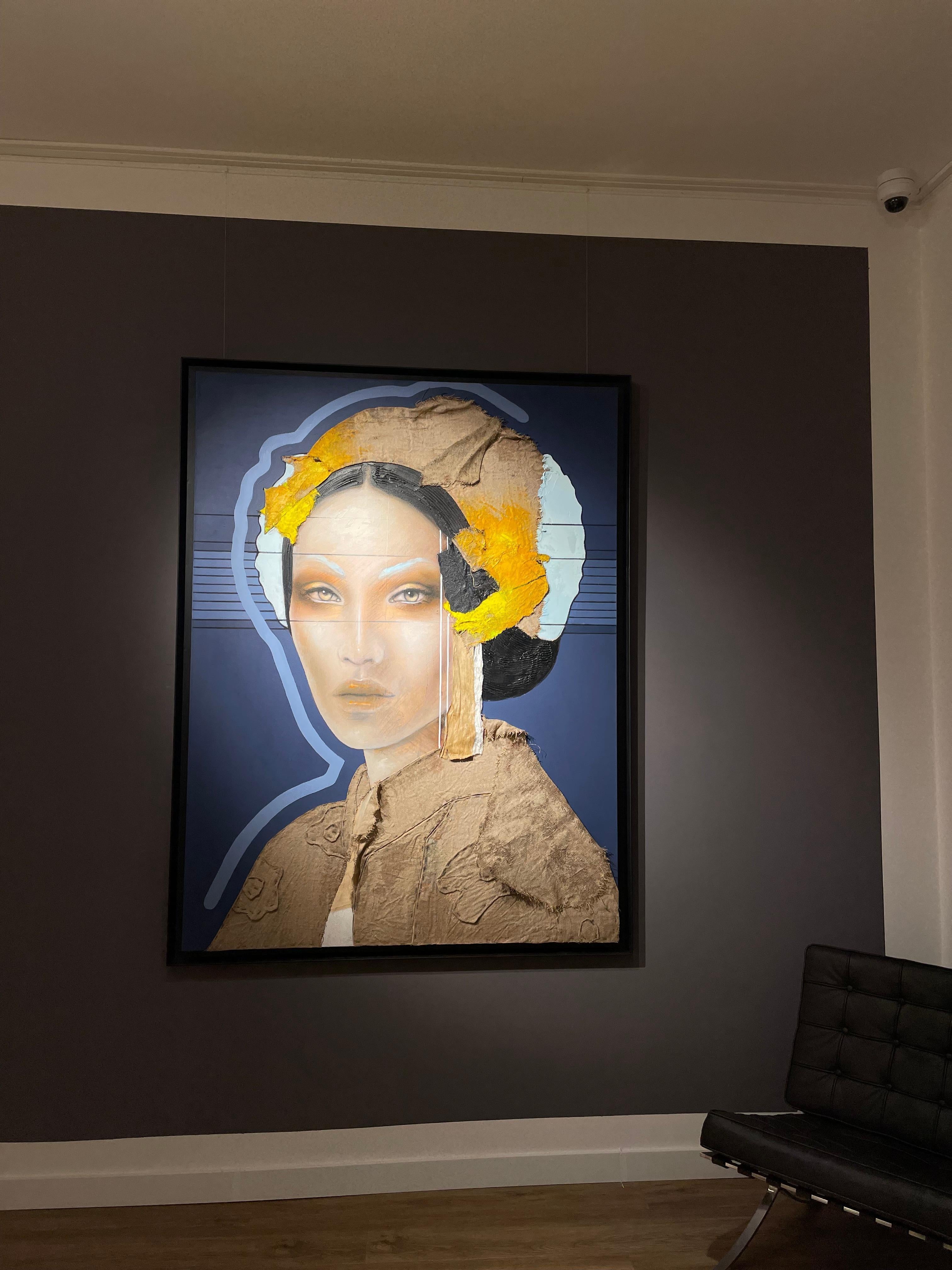 This artwork is part of Ger Doornink's latest show 'Thoughts', where his mastery in portrait painting is reflected and makes evident his role as a craftsman who embraces new materials and textures to capture and represent the essence of his