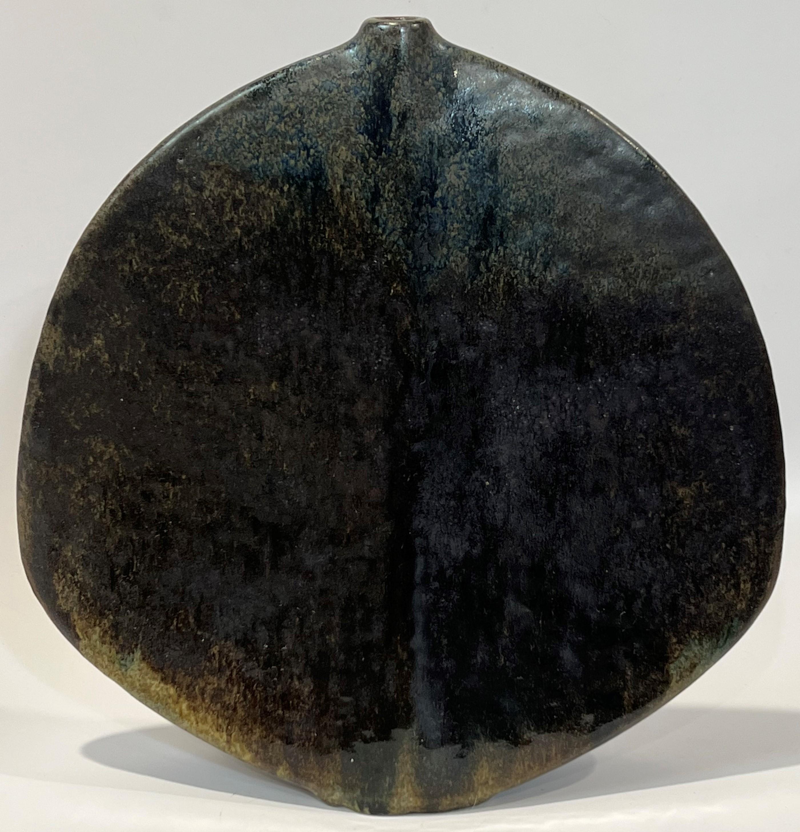 Mid-Century Modern Geral Weigel Glazed Sculpture Flattened Disk Flounder Brooding Organic Glaze