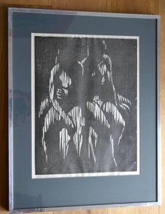 Two Seated Figures. Mid 20th Century Woodcut Print