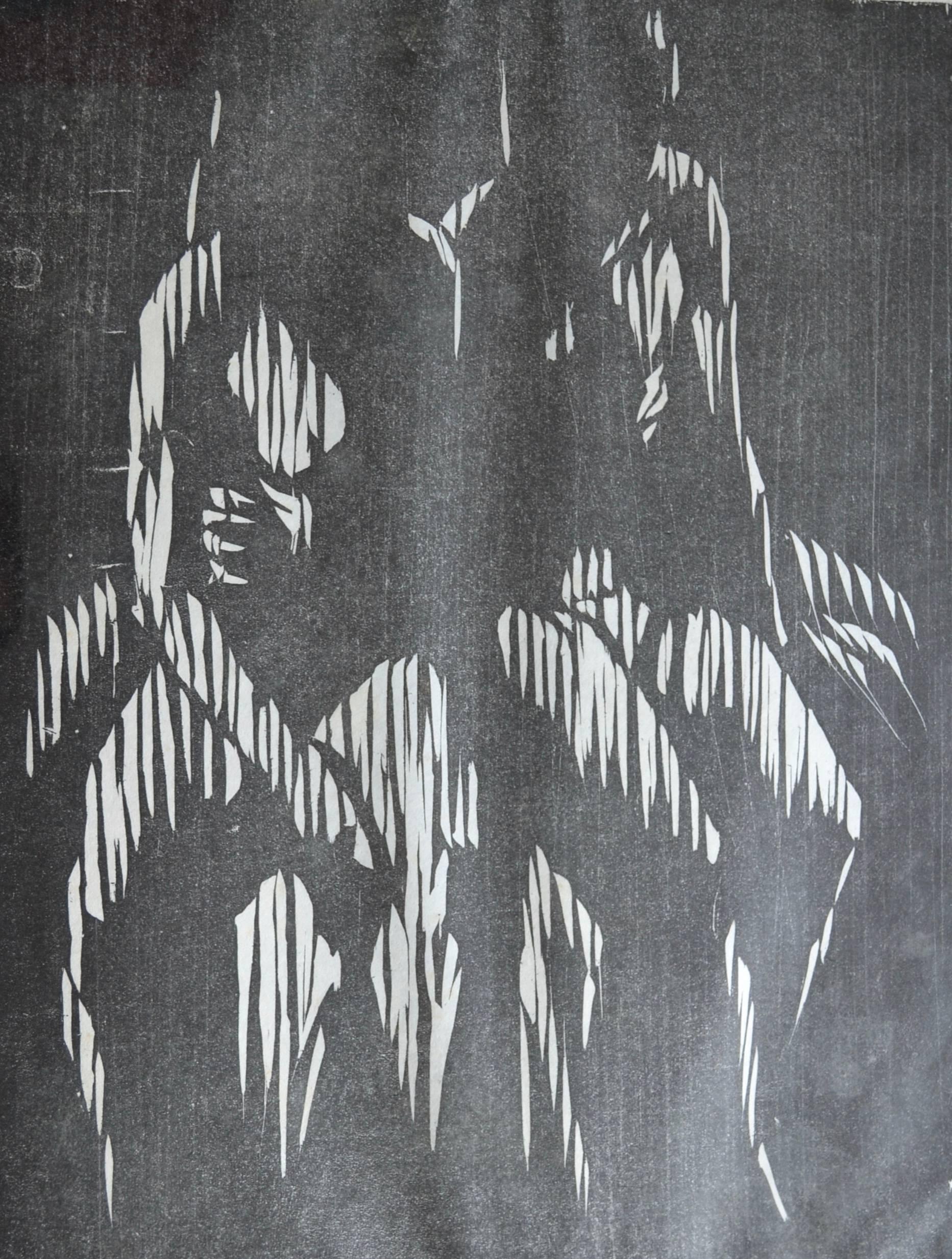 Gerald Anthony Coles Figurative Print - Two Seated Figures. Mid 20th Century Woodcut Print