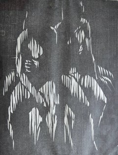 Two Seated Figures. Mid 20th Century Woodcut Print 