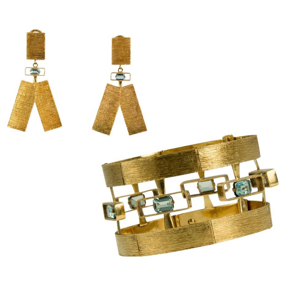 Gerald Benney Bracciale con acquamarina e oro 18 carati, orecchino Demi-Parure, 1964 in vendita