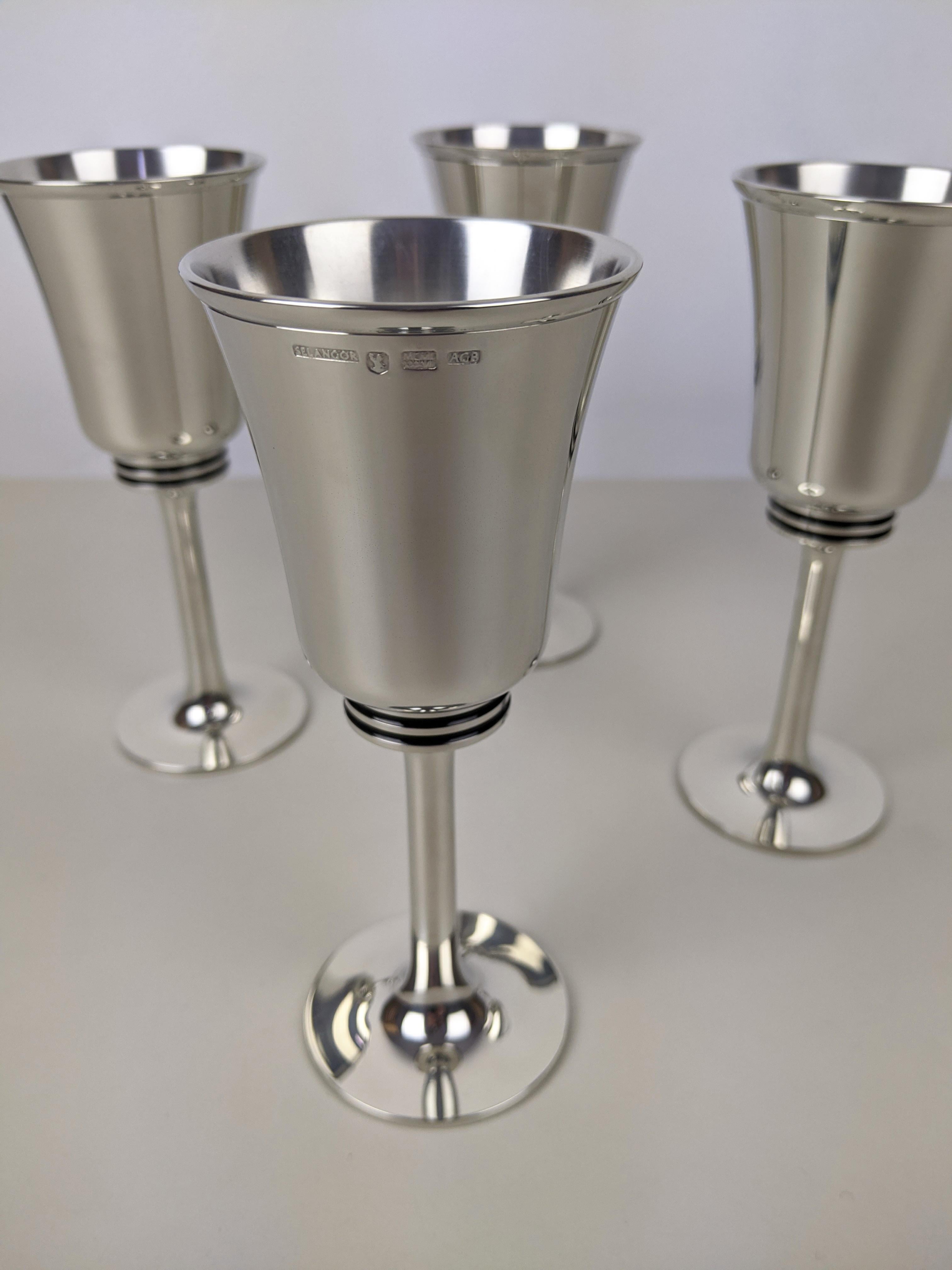 Gerald Benney Set of 4 Pewter Goblets for Selangor Pewter, C. 1986, Boxed Unused In Excellent Condition For Sale In London, GB
