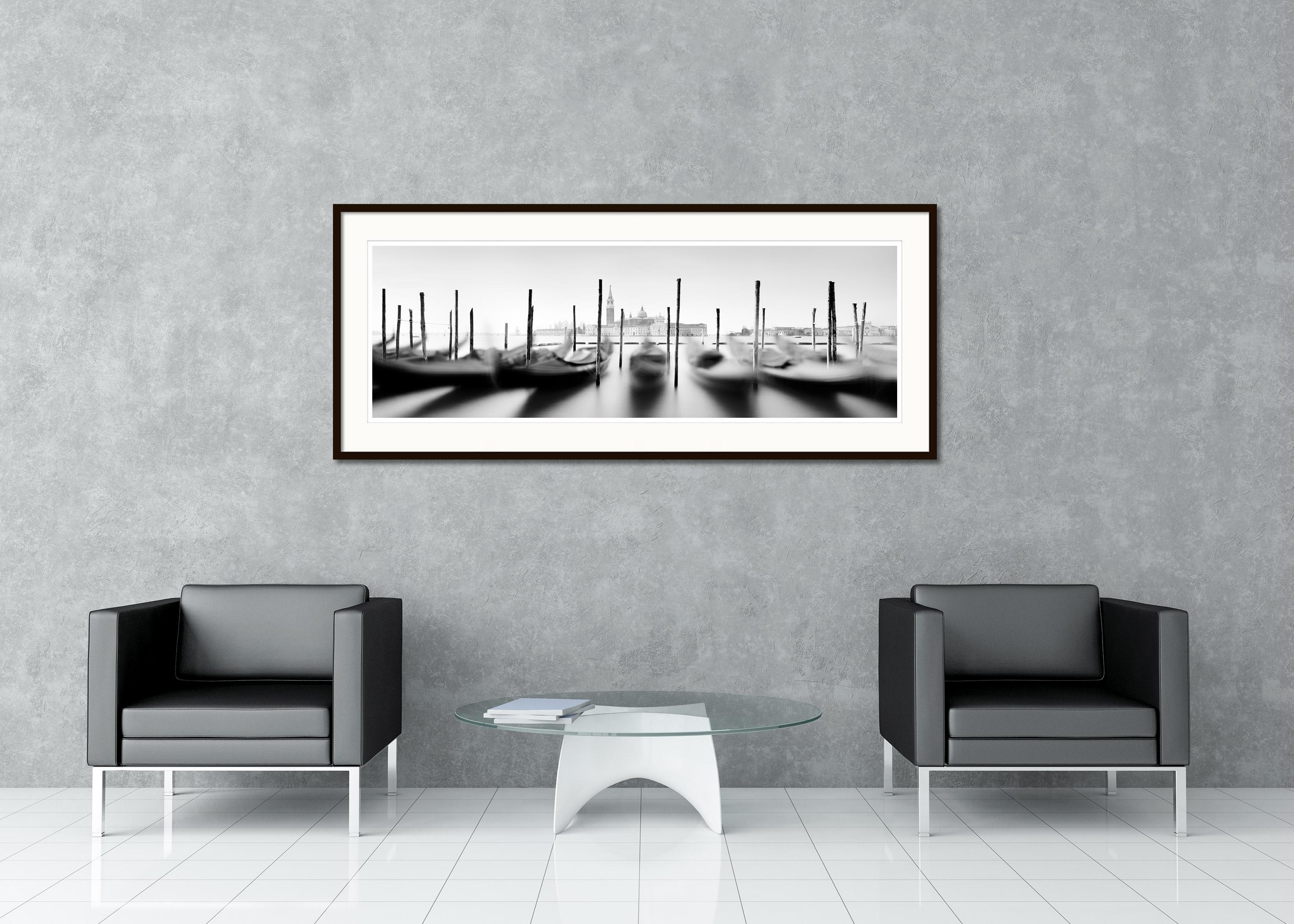 Basilica and Gondola, Venice, Italy, minimalist black and white art landscape - Gray Black and White Photograph by Gerald Berghammer