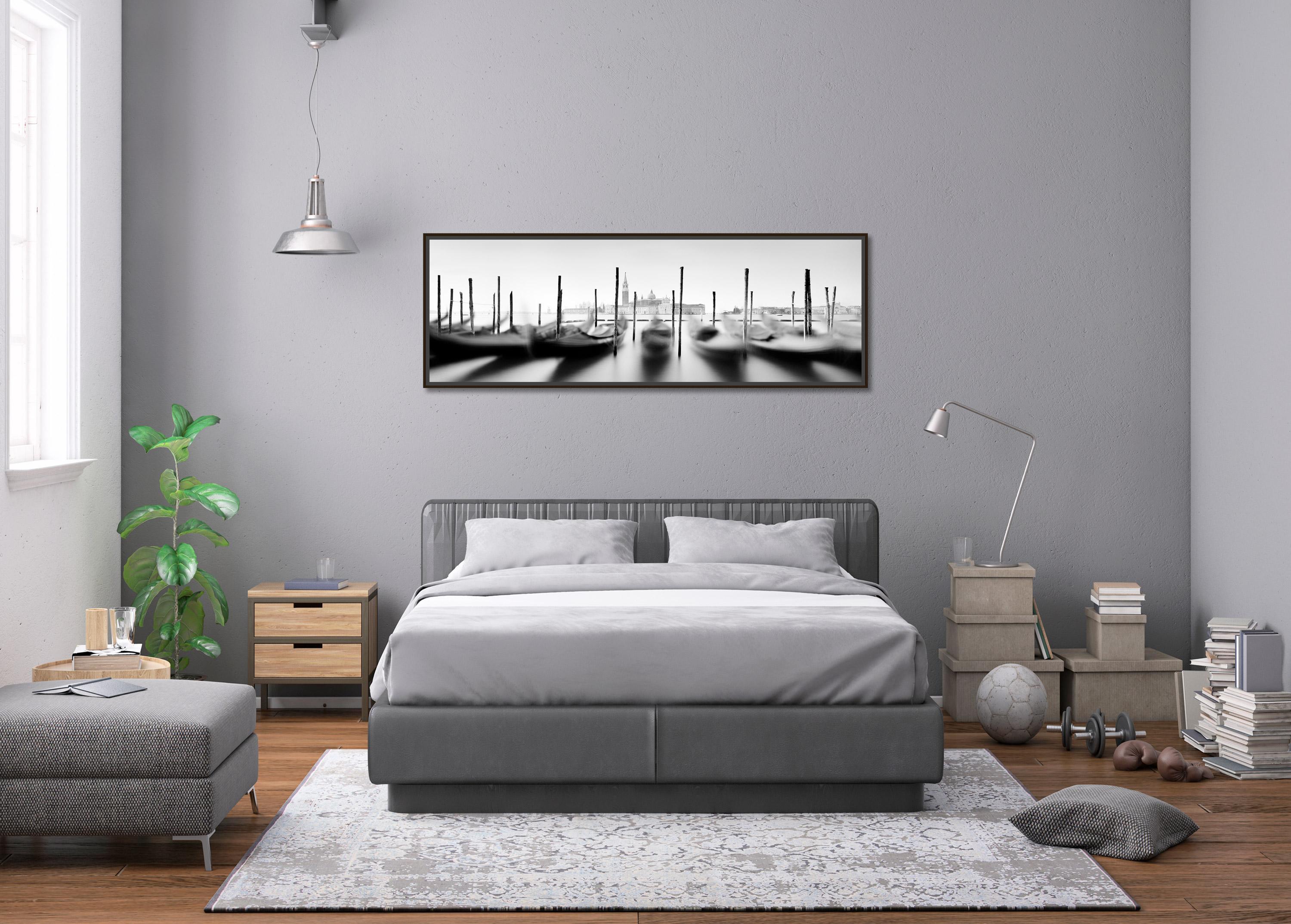 Black and white fine art long exposure panorama waterscape - landscape photography. Gondolas with the Basilica in the background, Venice, Italy. Archival pigment ink print, edition of 9. Signed, titled, dated and numbered by artist. Certificate of