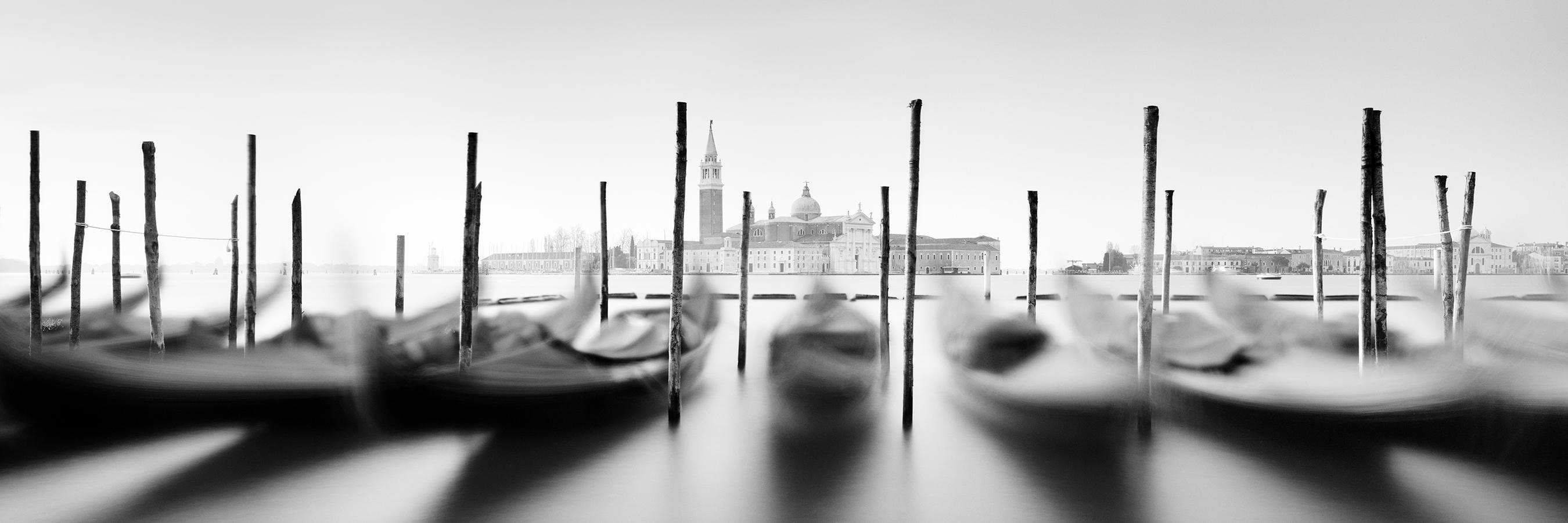 Gerald Berghammer Black and White Photograph - Basilica and Gondola, Venice, Italy, minimalist black and white art landscape
