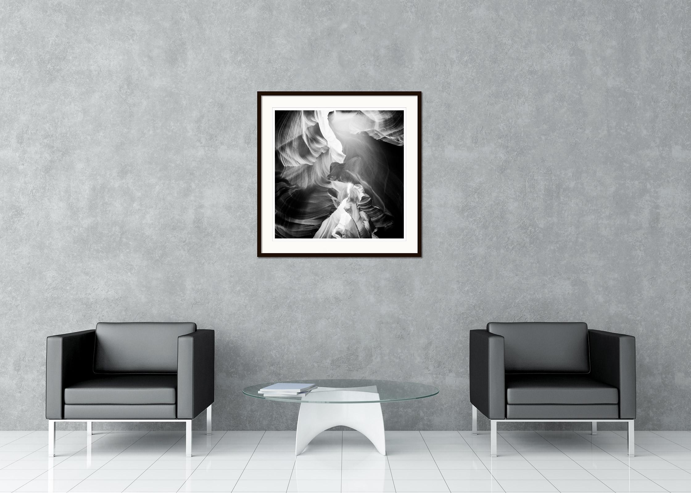 Black and white fine art landscape photography. Stone formation from Antelope Canyon in the desert near Page, Arizona, USA. Archival pigment ink print as part of a limited edition of 9. All Gerald Berghammer prints are made to order in limited