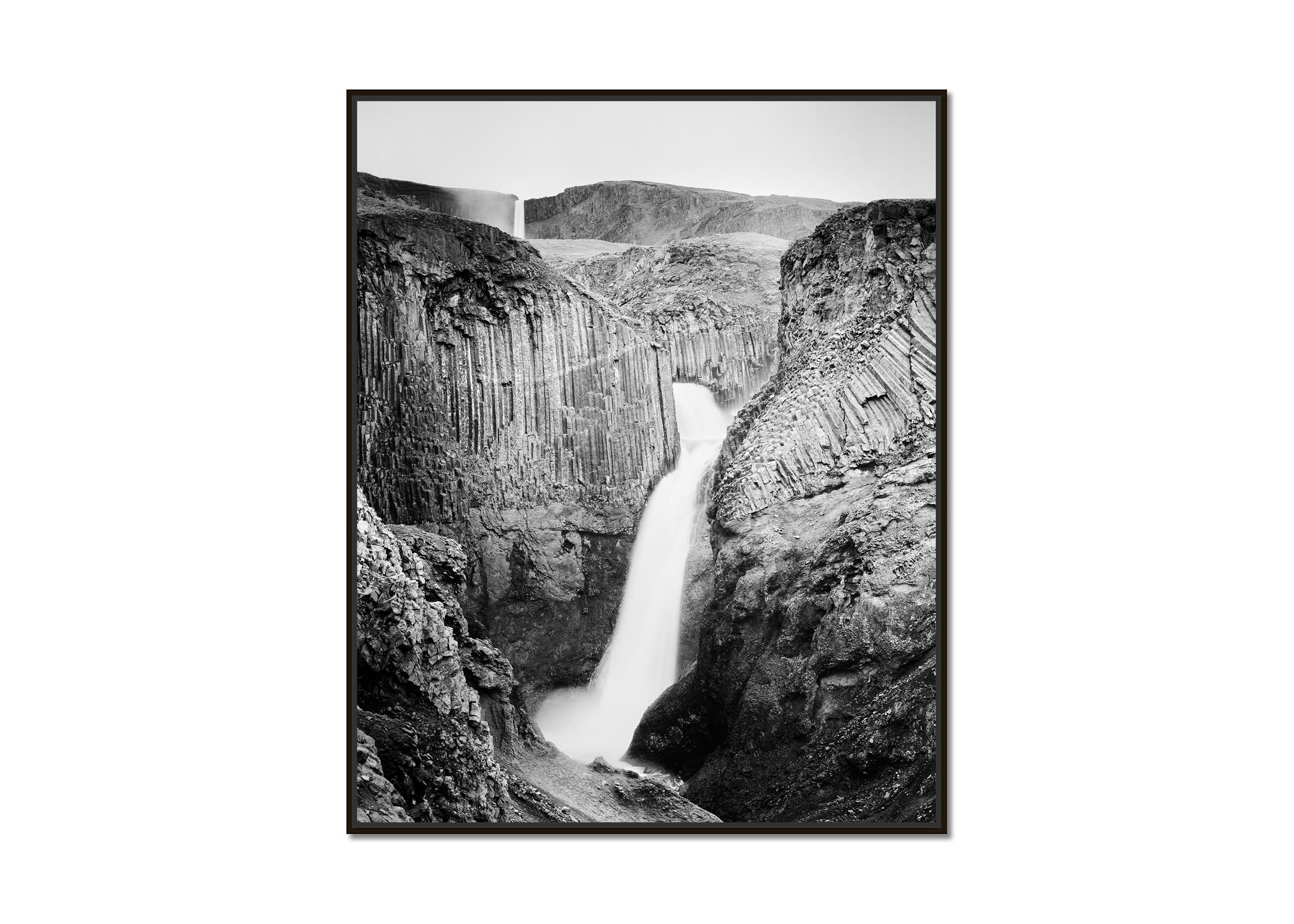Hengifoss, Waterfall, Iceland, black and white fine art photography, landscape - Photograph by Gerald Berghammer, Ina Forstinger