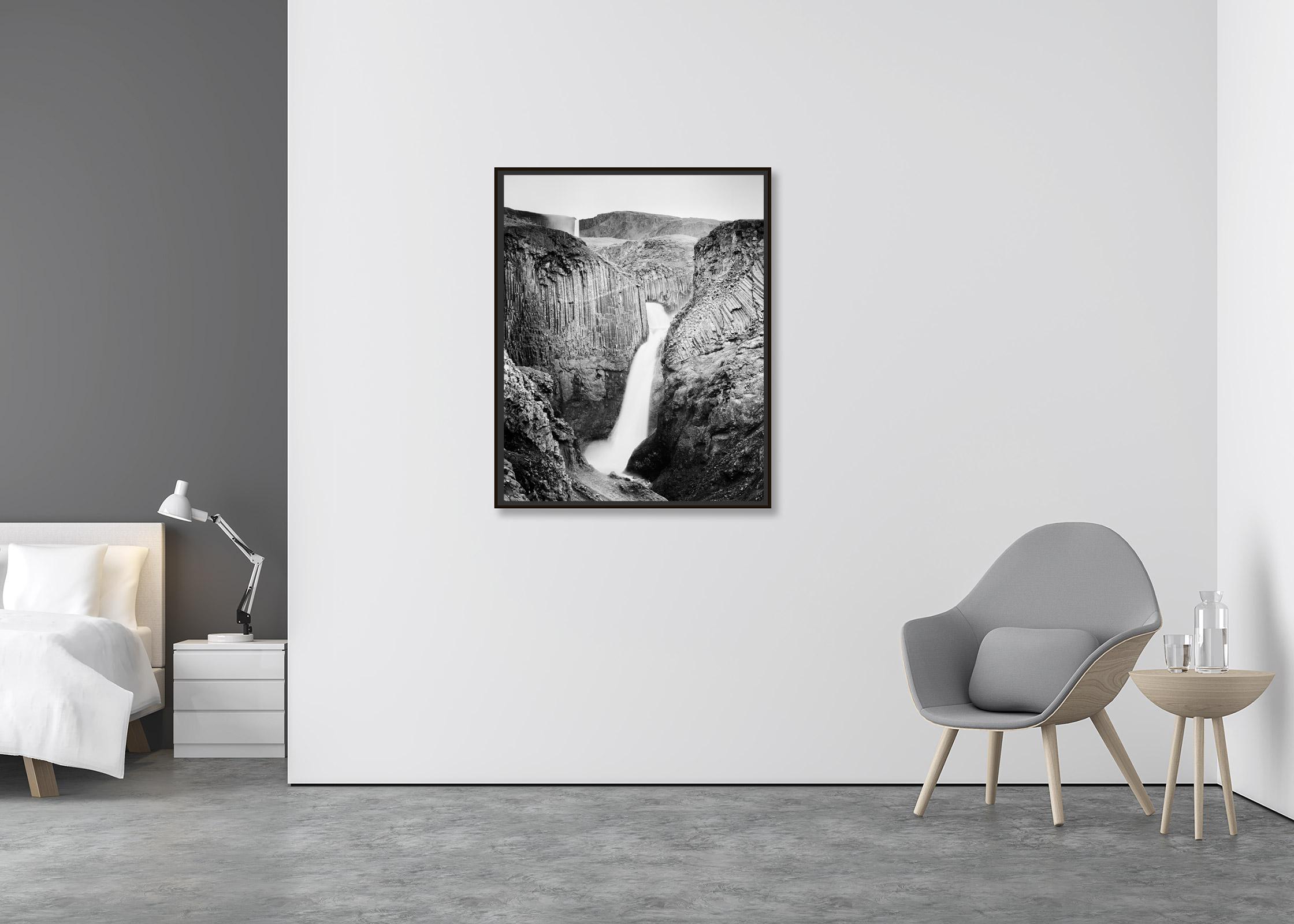 Hengifoss, Waterfall, Iceland, black and white fine art photography, landscape - Contemporary Photograph by Gerald Berghammer, Ina Forstinger