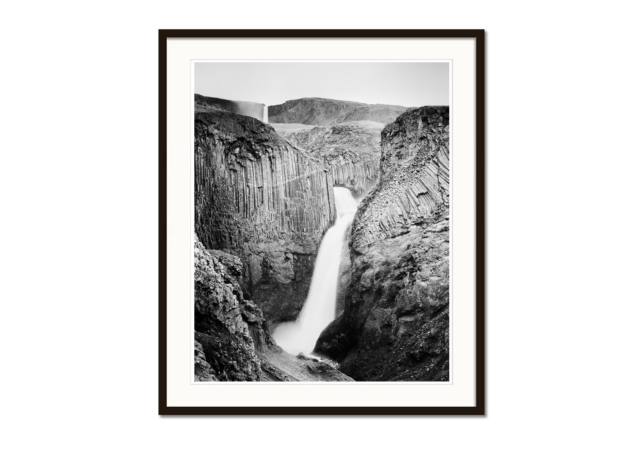 Hengifoss, Waterfall, Iceland, black and white fine art photography, landscape - Gray Black and White Photograph by Gerald Berghammer, Ina Forstinger