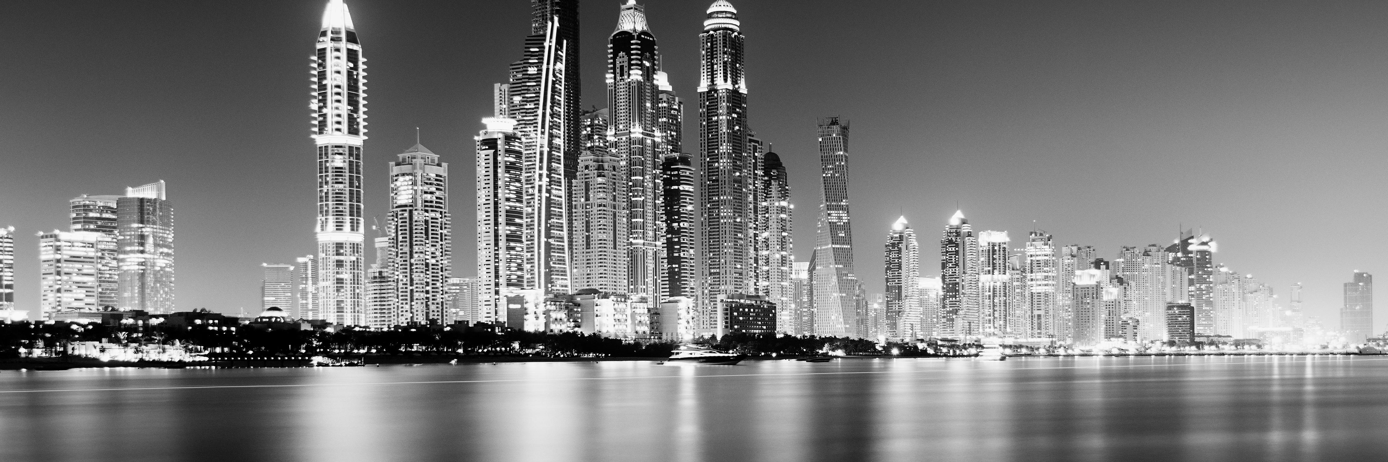 Marina Night Panorama, Dubai, black and white fine art photography, landscape - Photograph by Gerald Berghammer, Ina Forstinger
