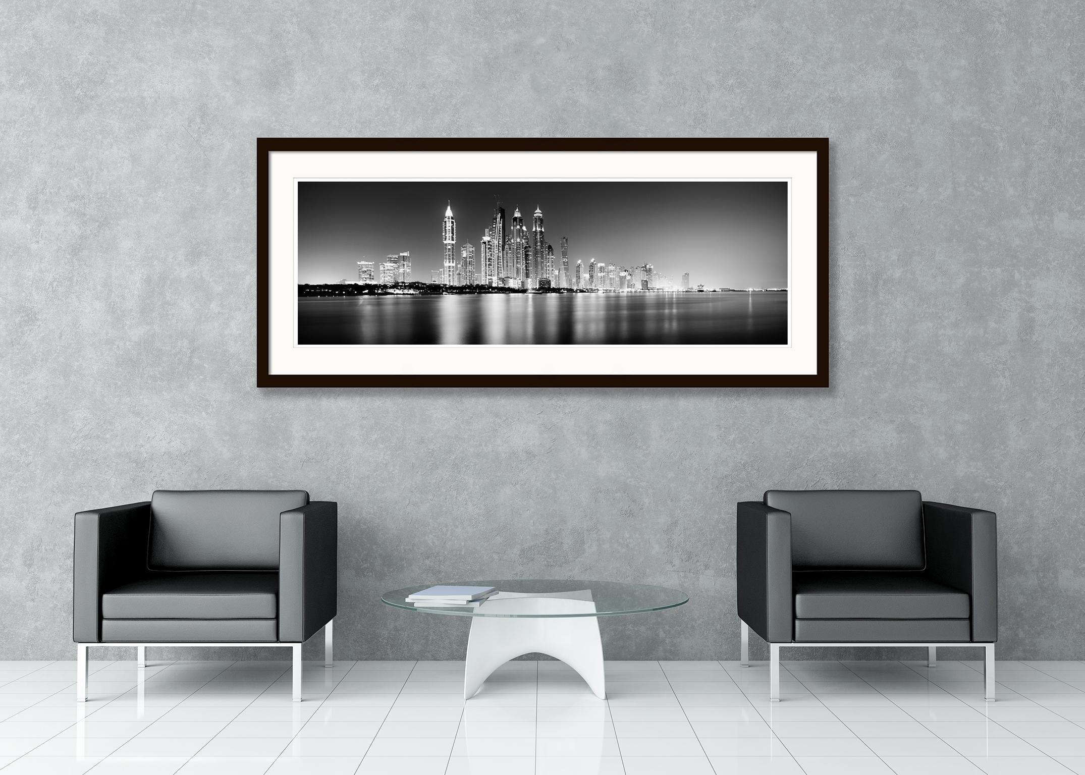 Marina Night Panorama, Dubai, black and white fine art photography, landscape - Contemporary Photograph by Gerald Berghammer, Ina Forstinger
