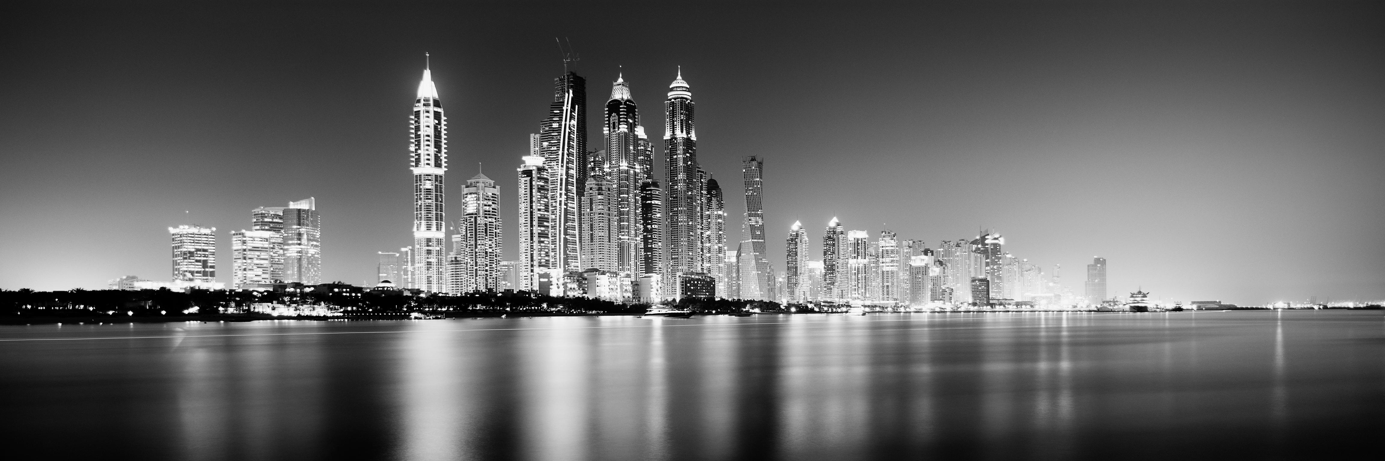 Gerald Berghammer, Ina Forstinger Landscape Photograph - Marina Night Panorama, Dubai, black and white fine art photography, landscape