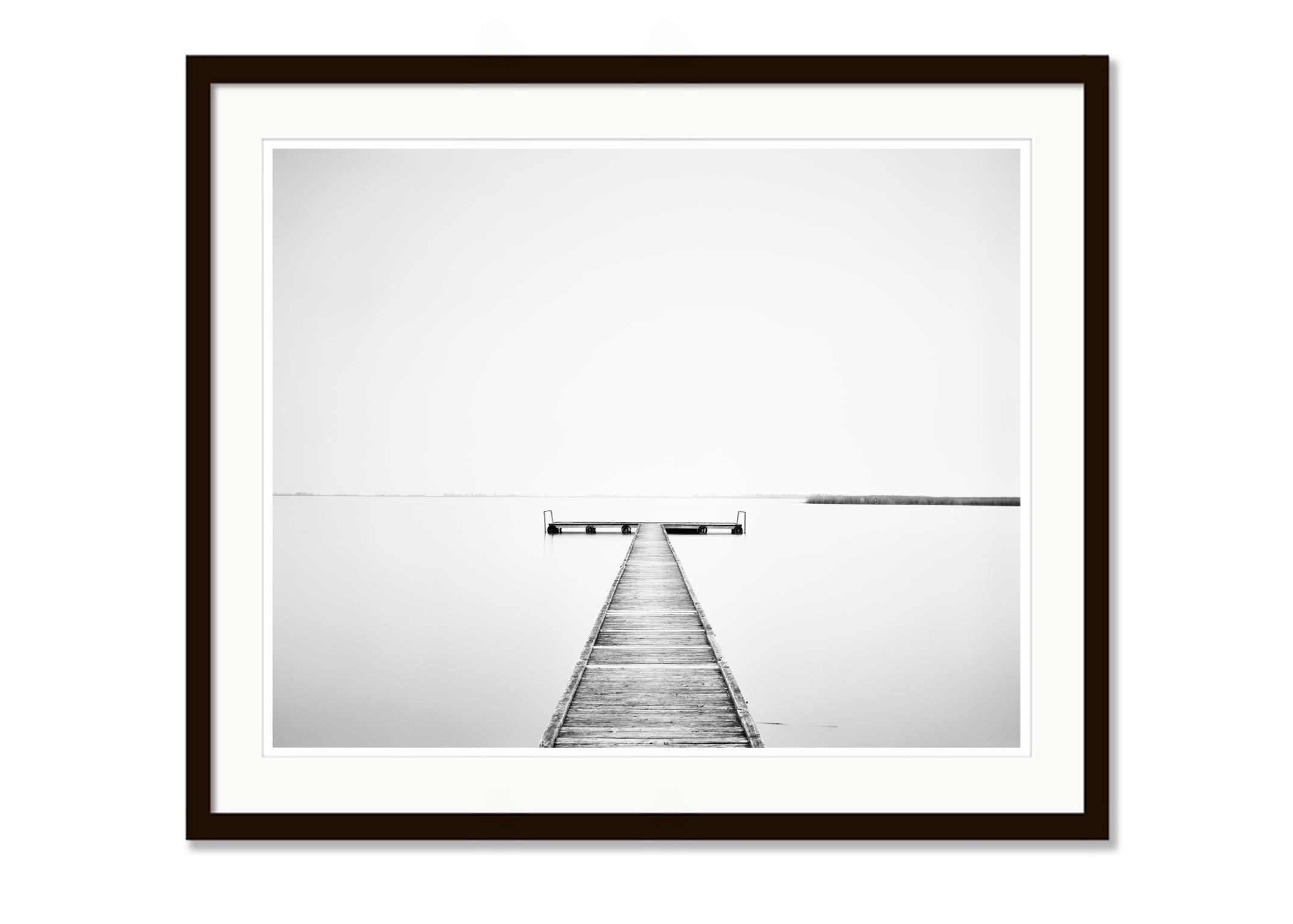 Wood Pier, Austria, contemporary black and white fine art photography landscape - Contemporary Photograph by Gerald Berghammer, Ina Forstinger