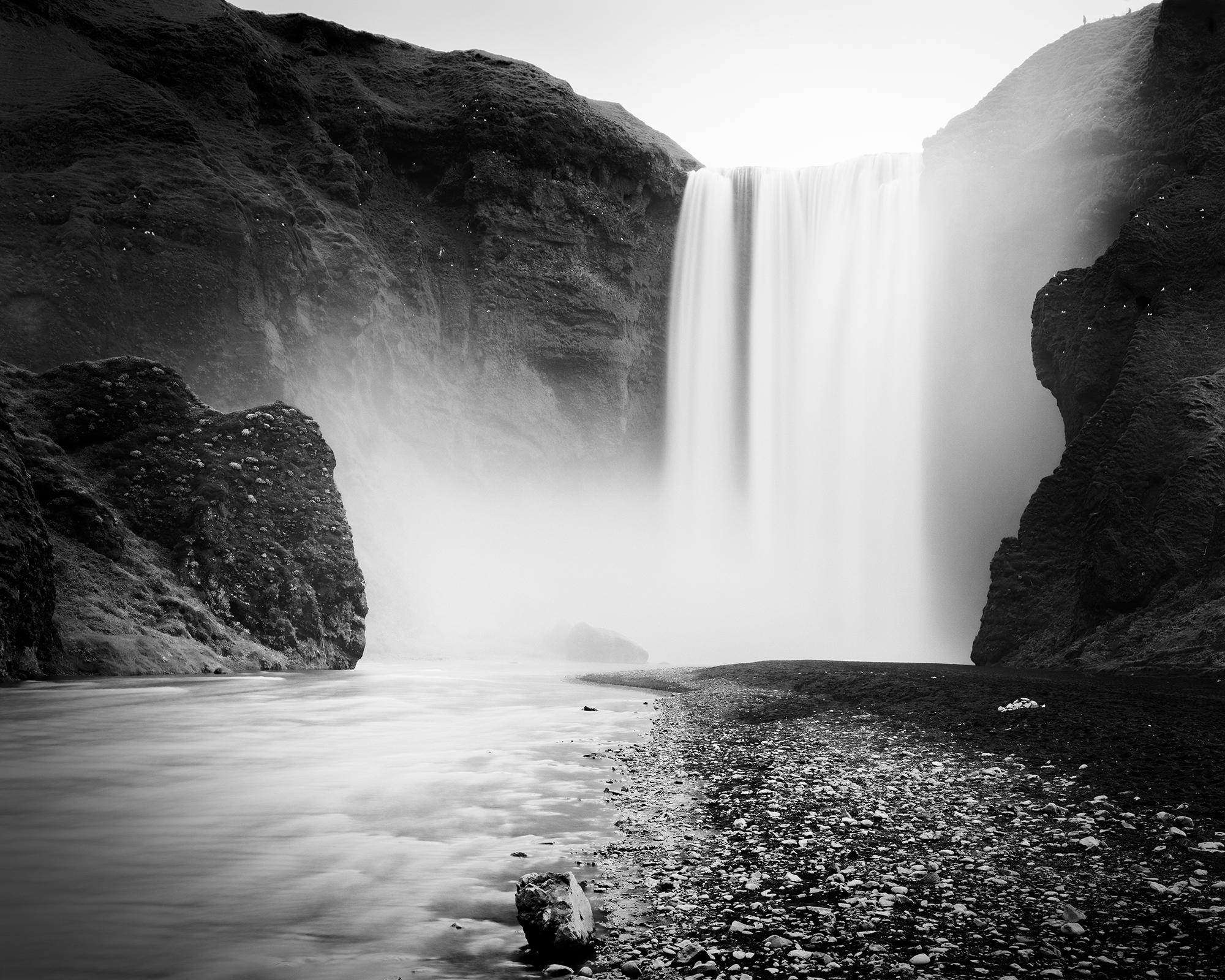 Skogafoss, Waterfall, Iceland, minimalist black and white landscape photography