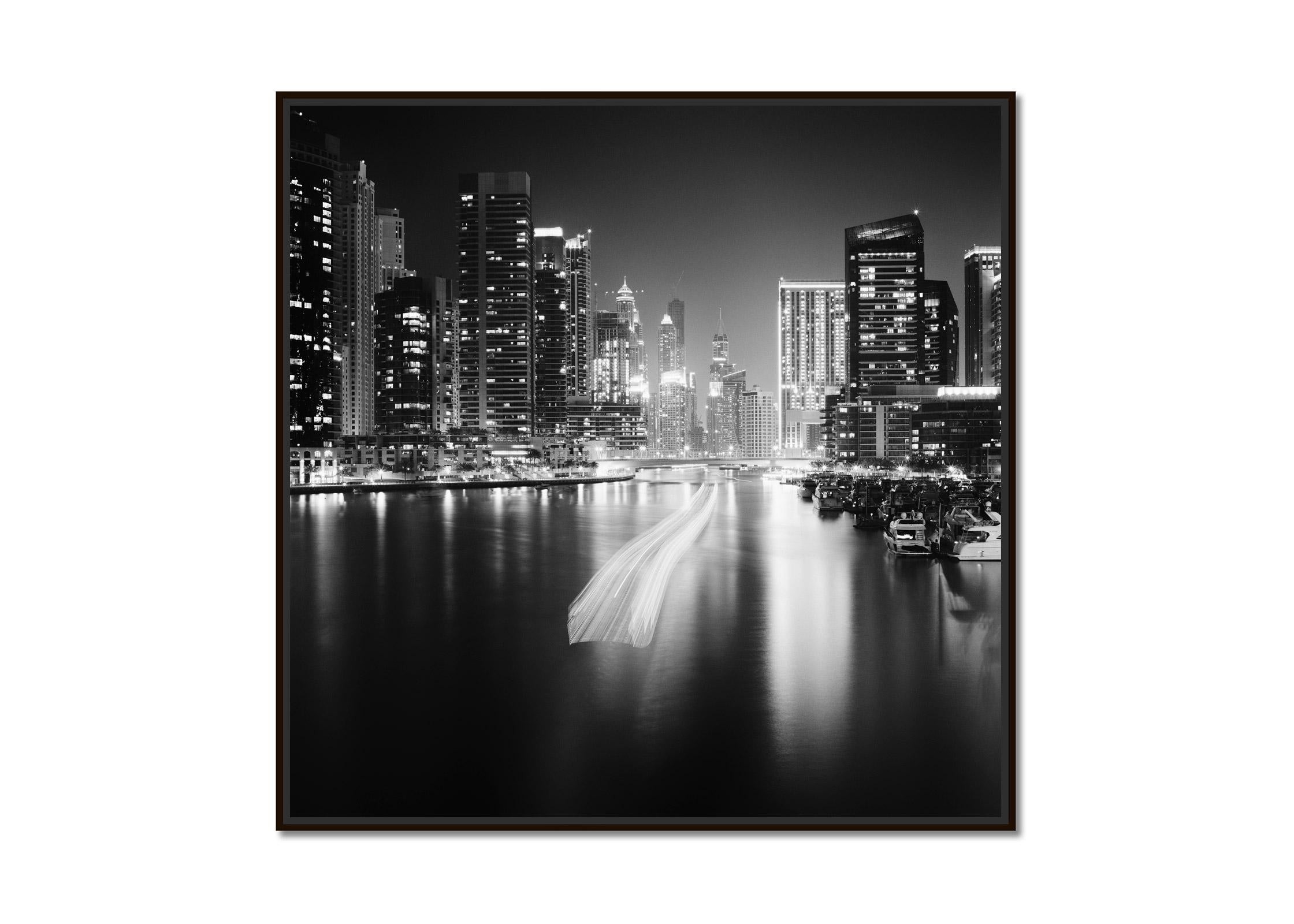 Stop and Go, Dubai Marina, Night black and white photography, landscape prints - Photograph by Gerald Berghammer, Ina Forstinger