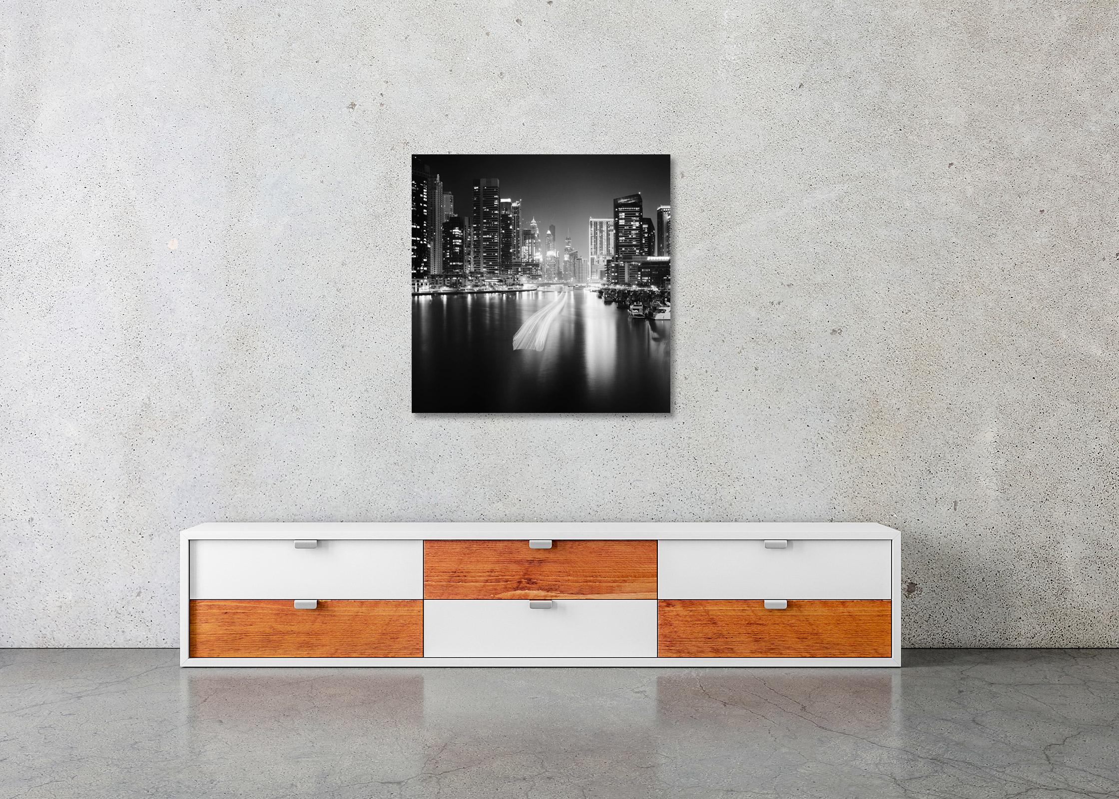 Stop and Go, Dubai Marina, Night black and white photography, landscape prints - Contemporary Photograph by Gerald Berghammer, Ina Forstinger