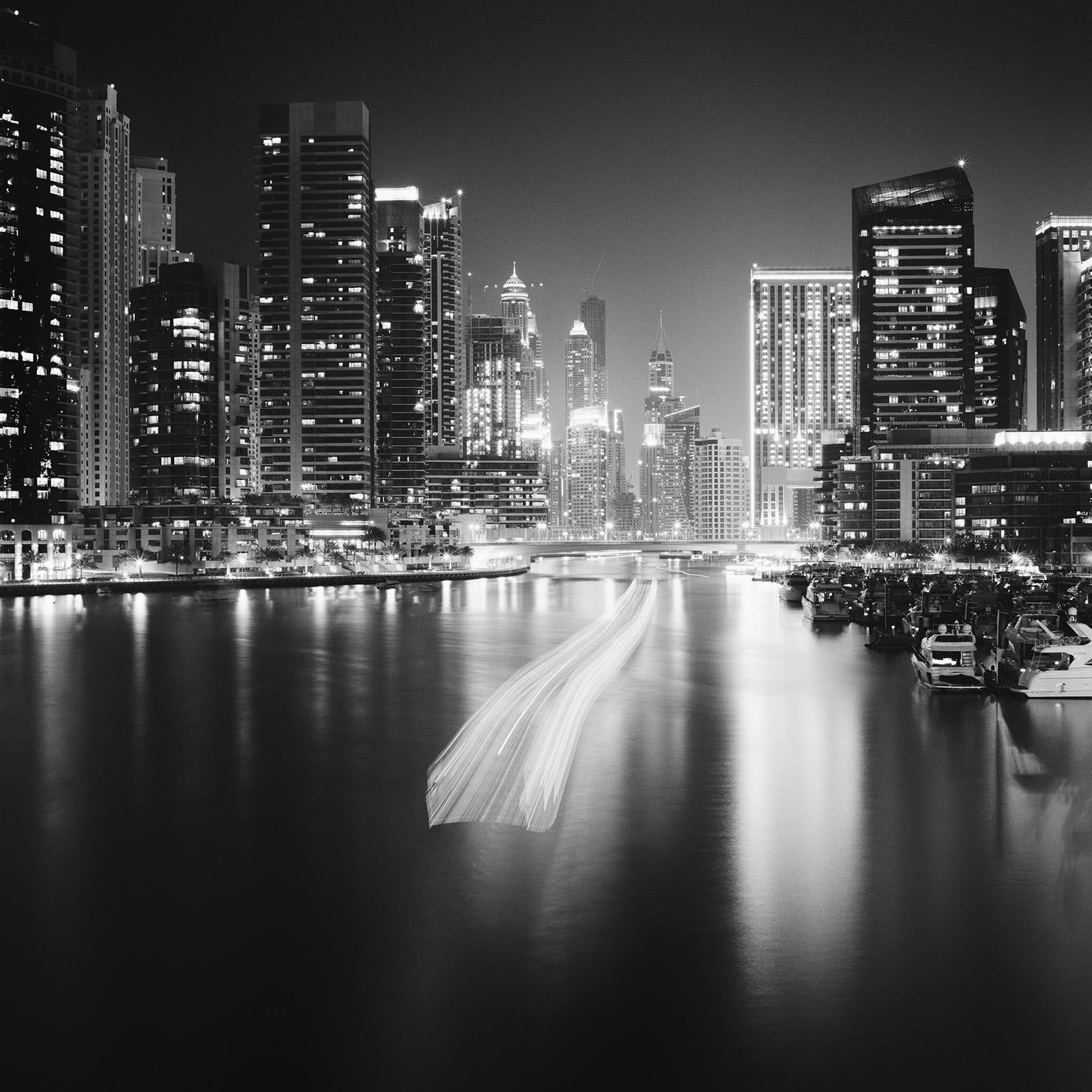 Gerald Berghammer, Ina Forstinger Landscape Photograph - Stop and Go, Dubai Marina, Night black and white photography, landscape prints