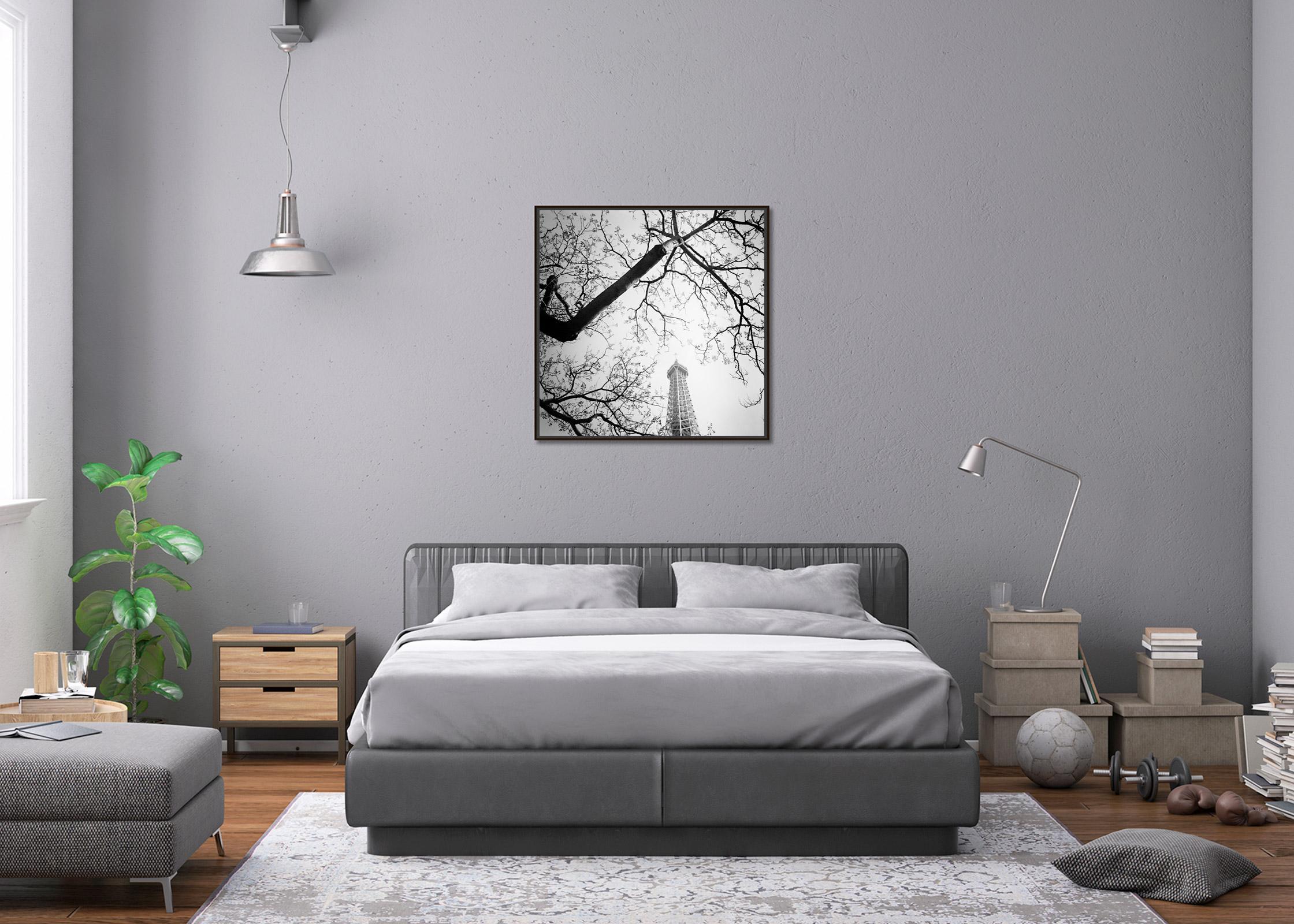 Tree, Eiffel Tower, Paris, France, black and white photography, landscape - Gray Black and White Photograph by Gerald Berghammer, Ina Forstinger