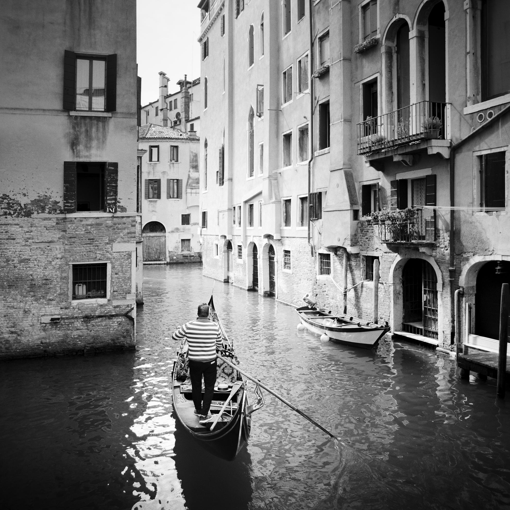 Gondolier on the Lagoon, Venice Cityscape — Black-and-White Photograph