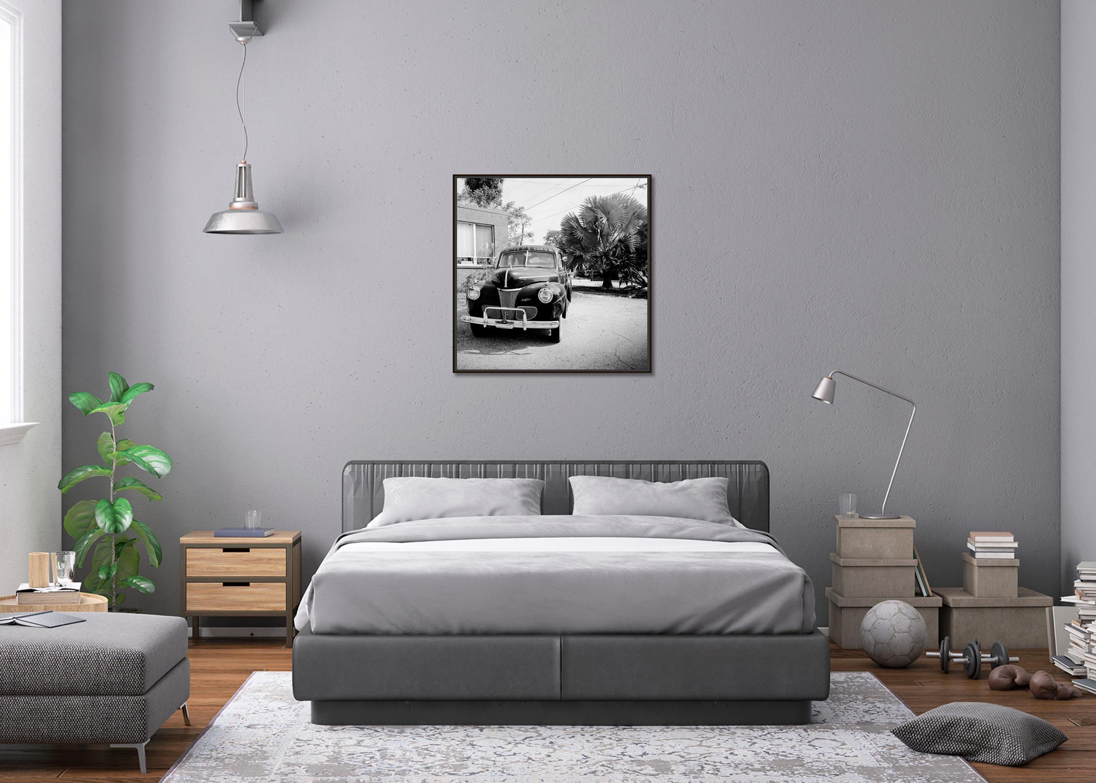 1941 Ford Super Deluxe Business Coupe, USA, black & white photography, landscape - Minimalist Photograph by Gerald Berghammer