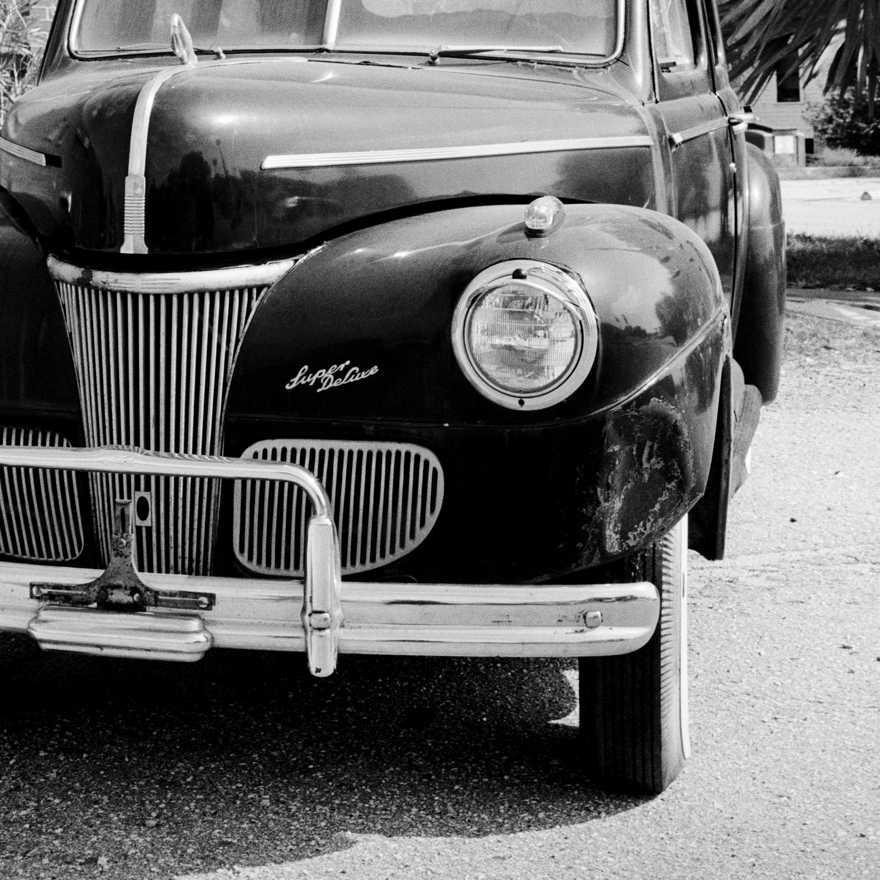1941 Ford Super Deluxe Business Coupe, USA, black & white photography, landscape For Sale 1