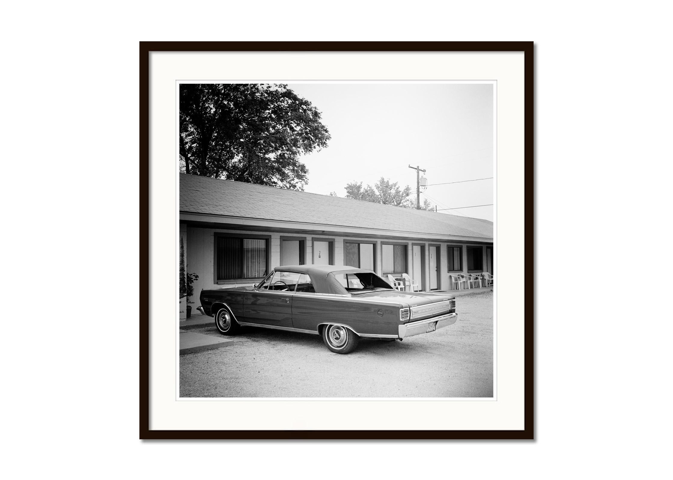 1967 Plymouth, Oldtimer, Route 66, USA, black white art landscape photography - Gray Landscape Photograph by Gerald Berghammer