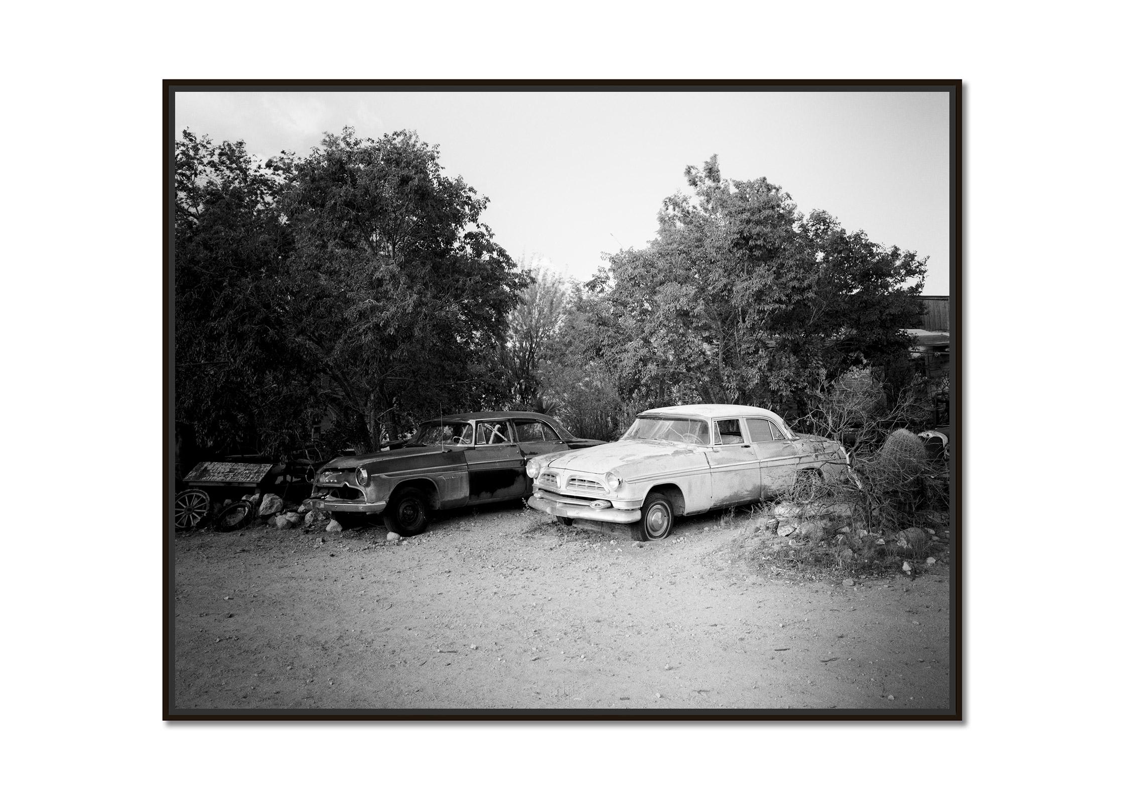 Abandoned Cars, junkyard, California, USA, black and white landscape photography - Photograph by Gerald Berghammer