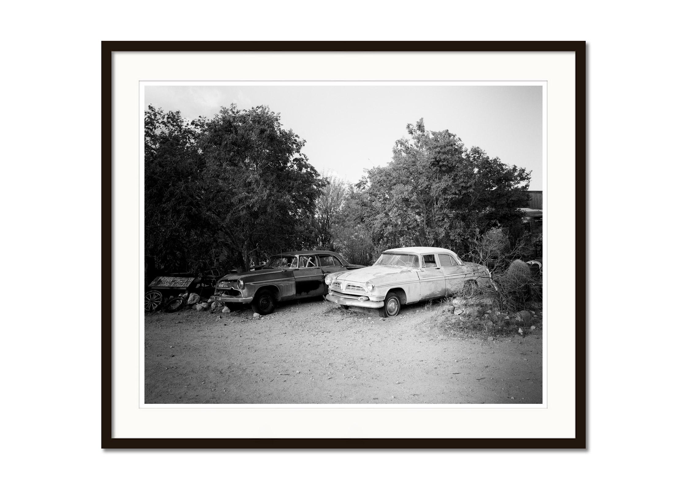 Abandoned Cars, junkyard, California, USA, black and white landscape photography - Black Black and White Photograph by Gerald Berghammer