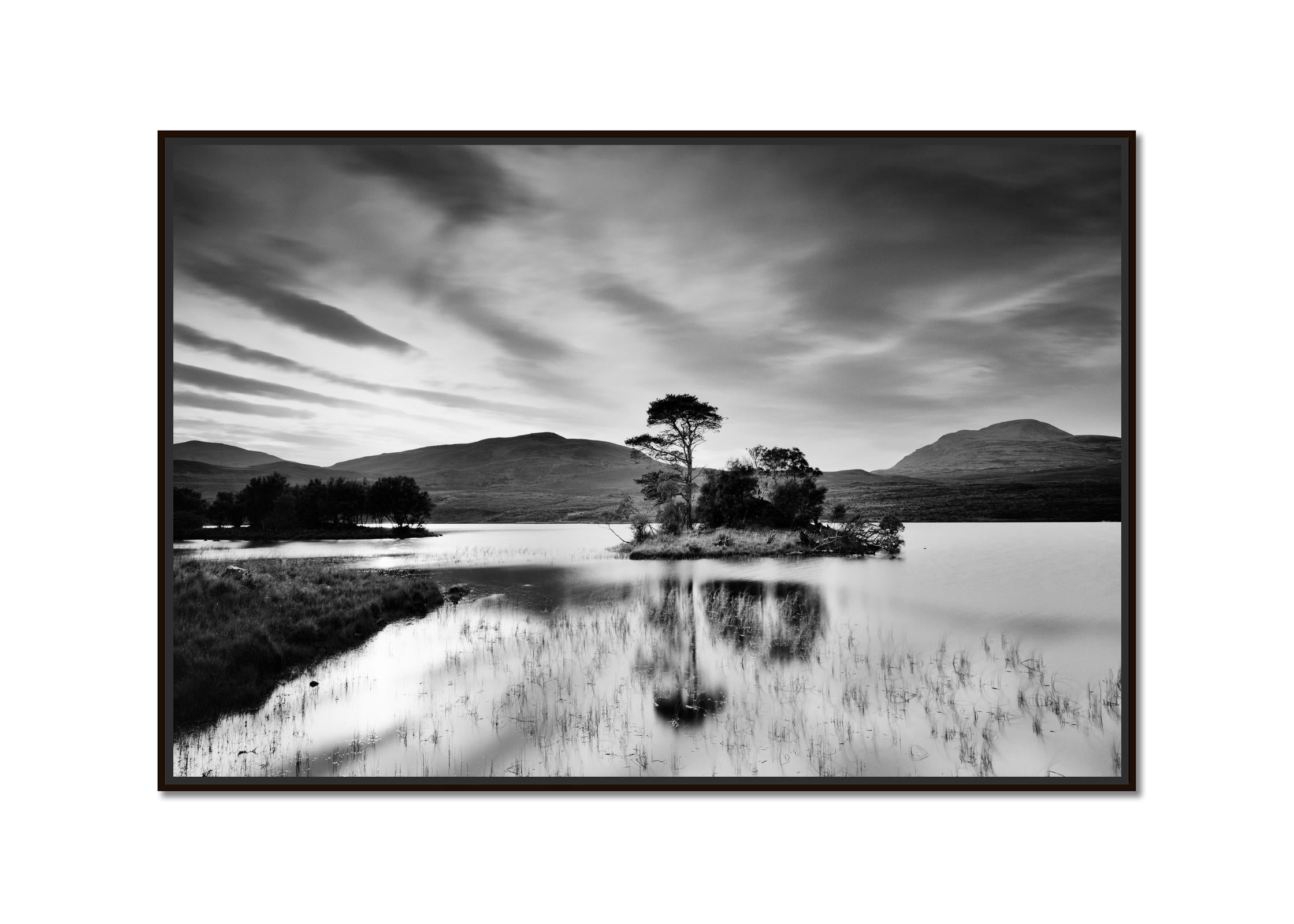 After the Sunset Tree Island Mountain Lake Scotland B&W landscape photography - Photograph by Gerald Berghammer