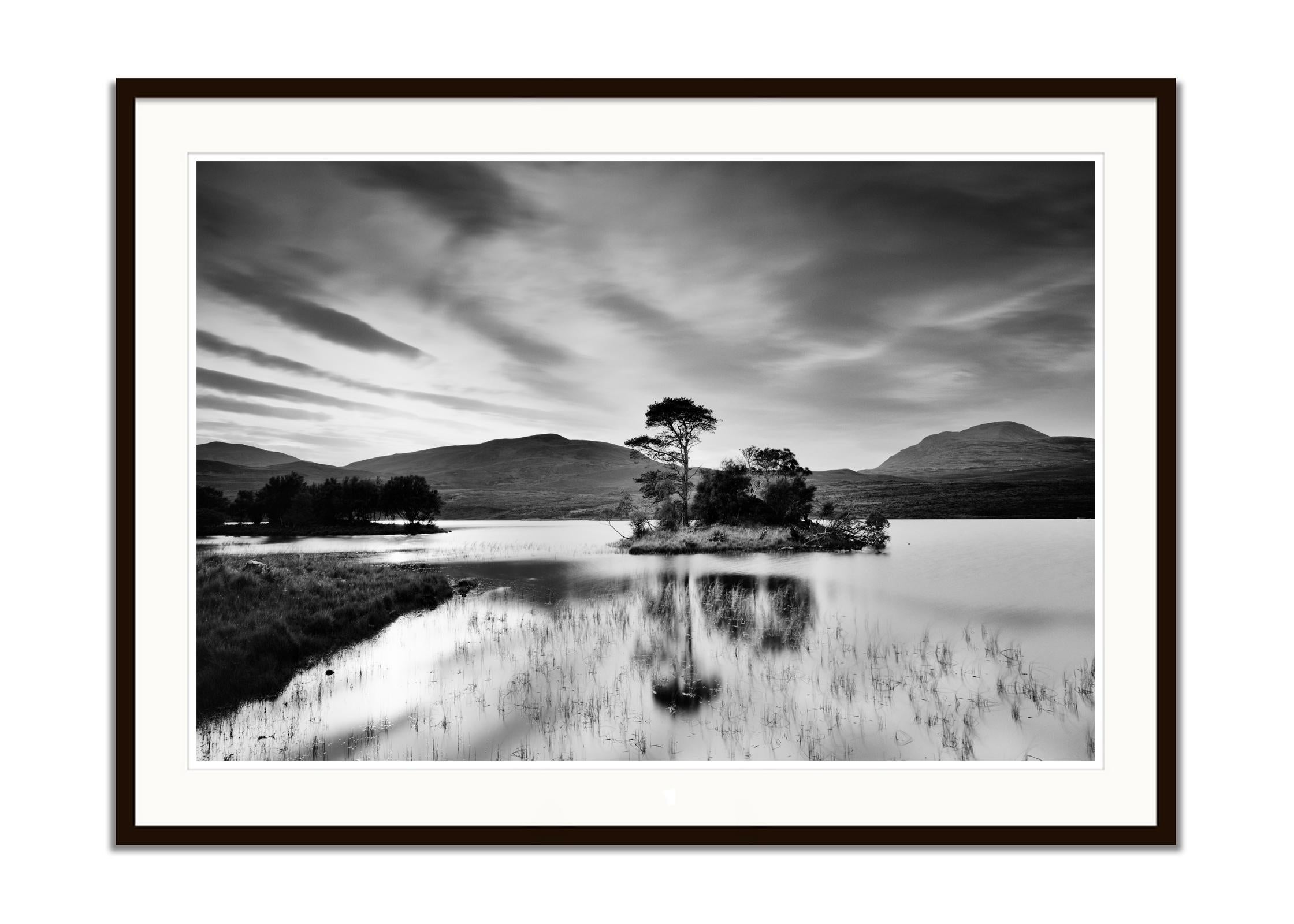 After the Sunset Tree Island Mountain Lake Scotland B&W landscape photography - Gray Landscape Photograph by Gerald Berghammer