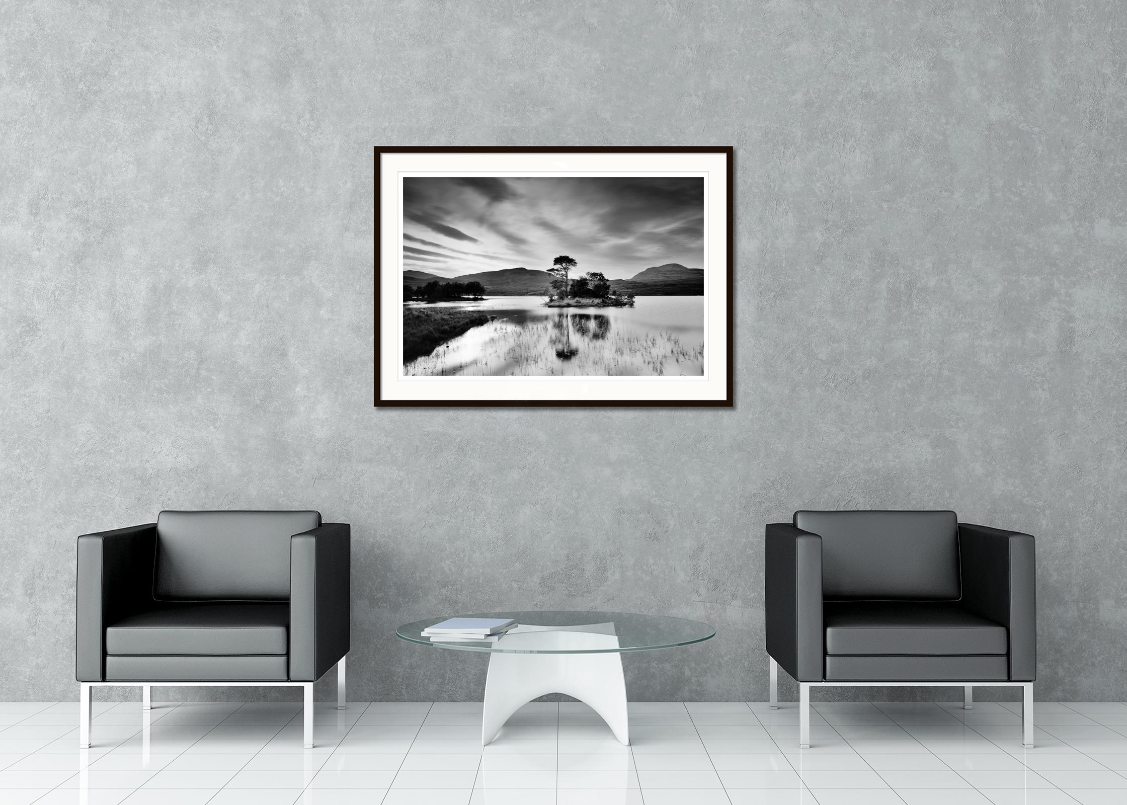 Black and White Fine Art landscape photography. Island with trees on a small mountain lake in the highlands of Scotland at sunset. Archival pigment ink print, edition of 9. Signed, titled, dated and numbered by artist. Certificate of authenticity