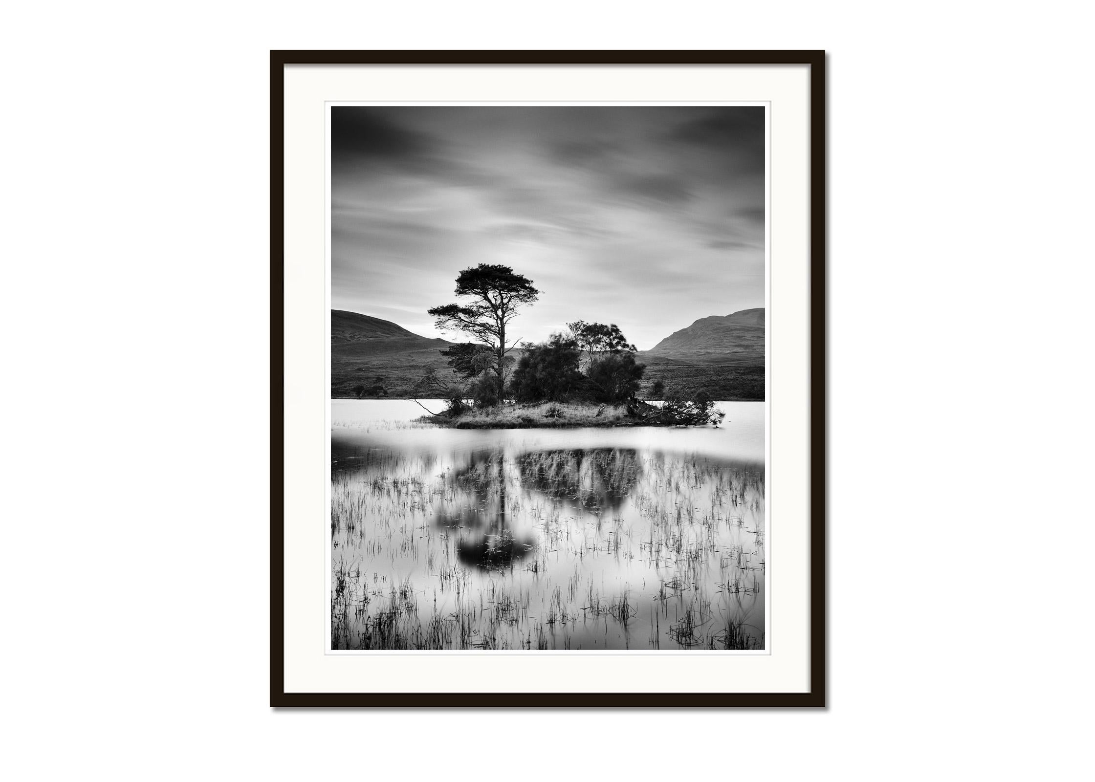 Nach dem Sonnenuntergang, Baum, Insel, Schottland, Schwarz-Weiß-Landschaftsfotografie (Grau), Black and White Photograph, von Gerald Berghammer