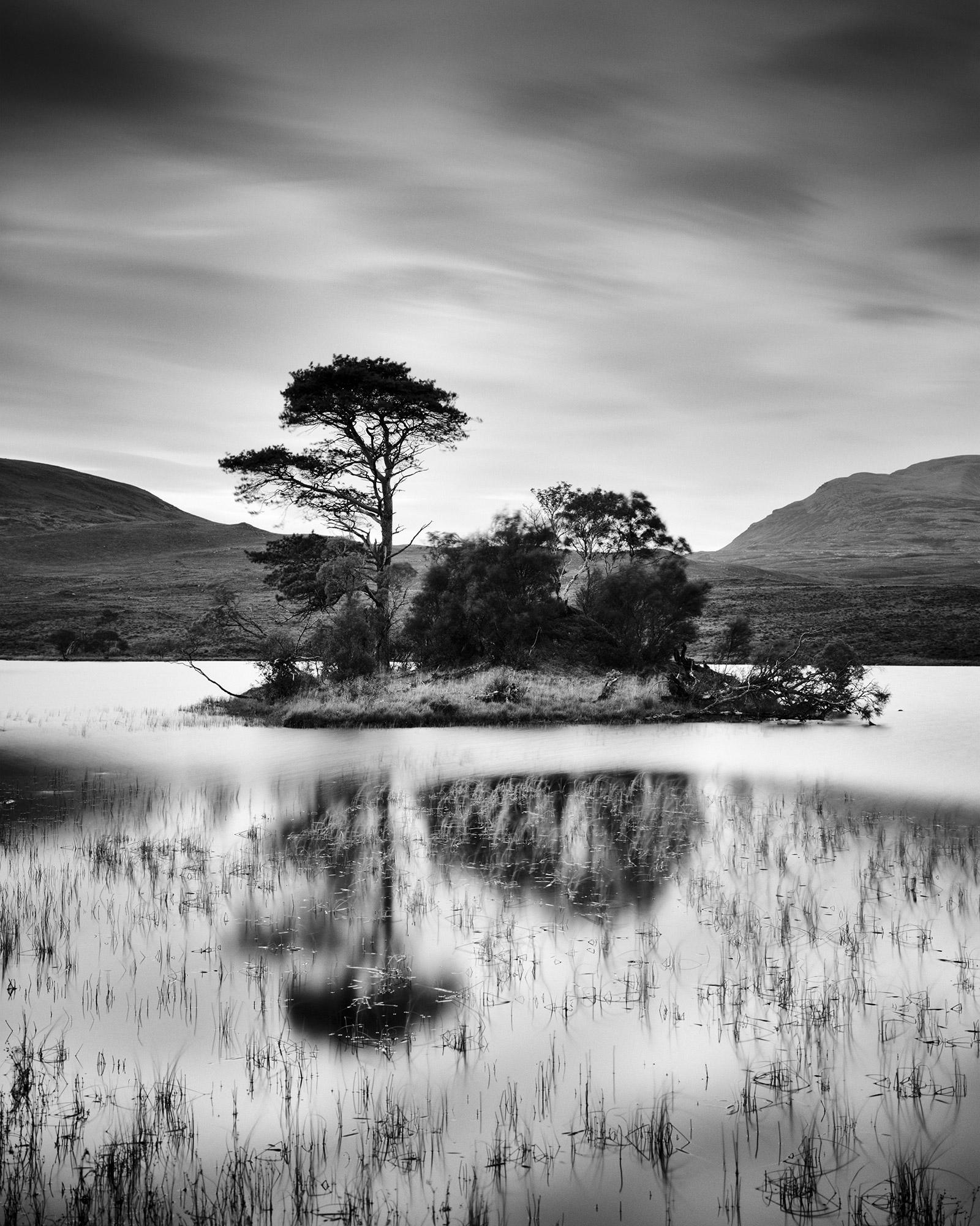 Gerald Berghammer Black and White Photograph – Nach dem Sonnenuntergang, Baum, Insel, Schottland, Schwarz-Weiß-Landschaftsfotografie