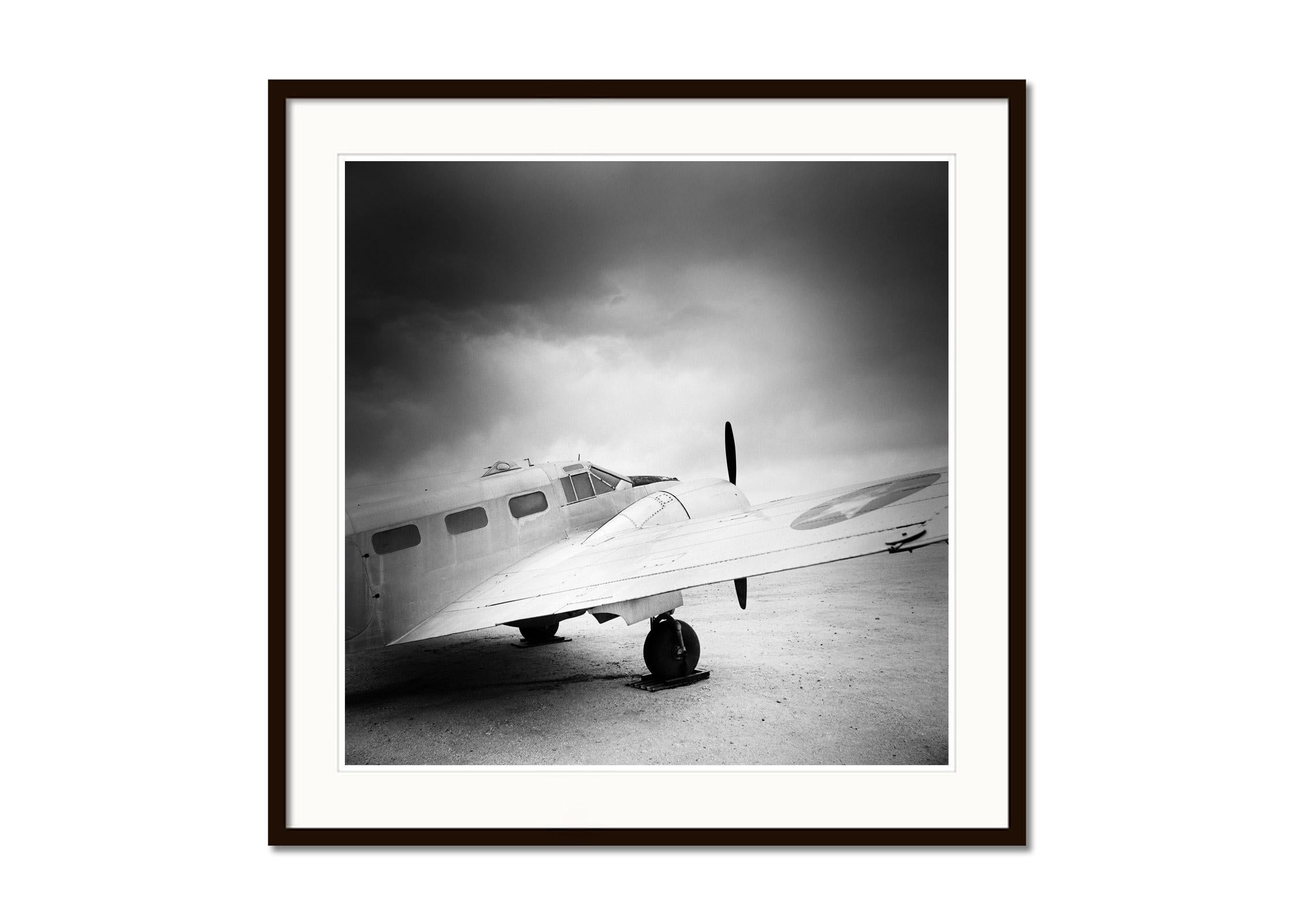 Airplane Beechcraft AT-7 Navigator, Arizona, USA, b&w art photography, print - Gray Landscape Photograph by Gerald Berghammer