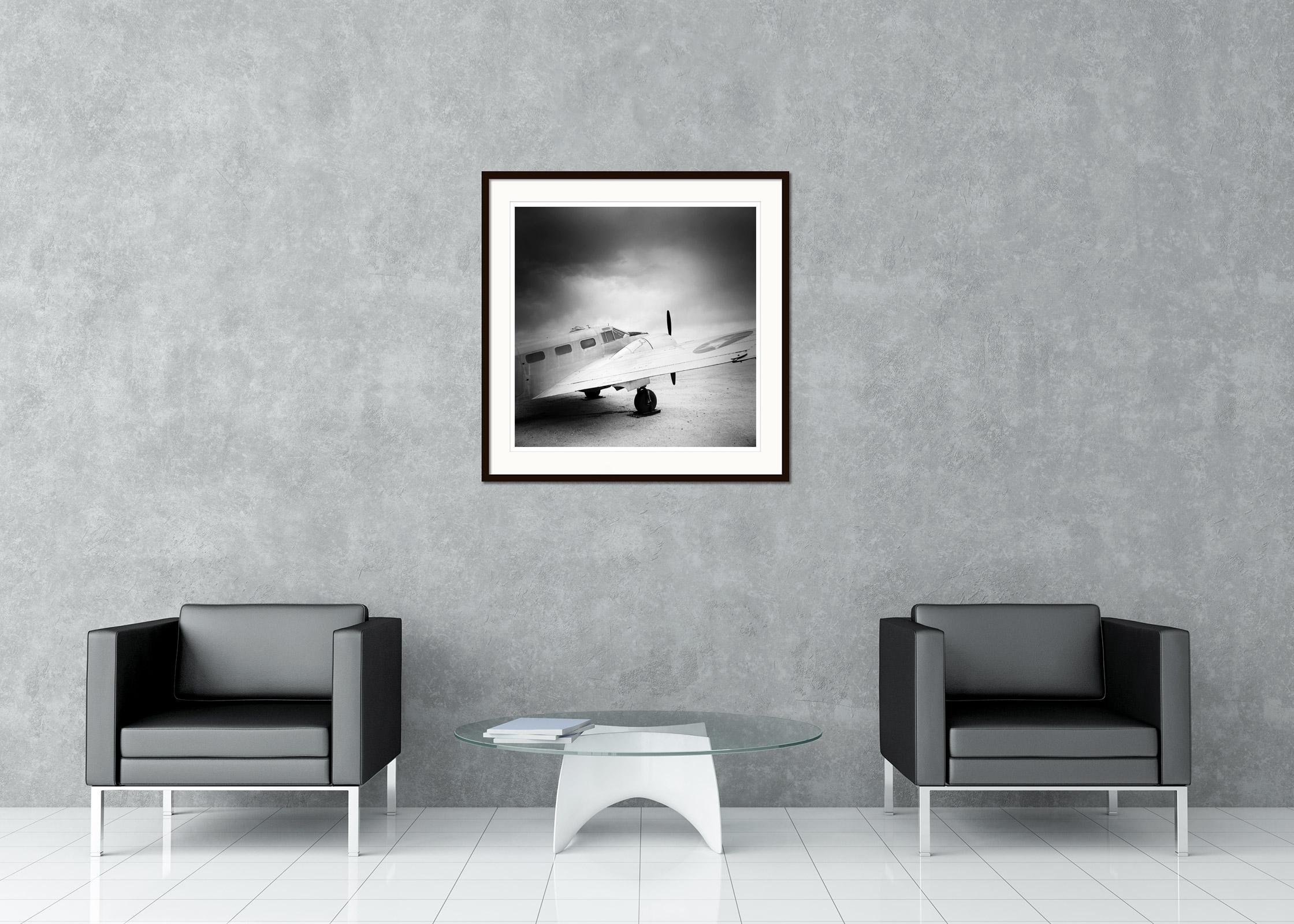 Black and White Fine Art landscape photography - Airplane Beechcraft AT-7 Navigator on an airfield in Arizona, USA. Archival pigment ink print, edition of 9. Signed, titled, dated and numbered by artist. Certificate of authenticity included. Printed