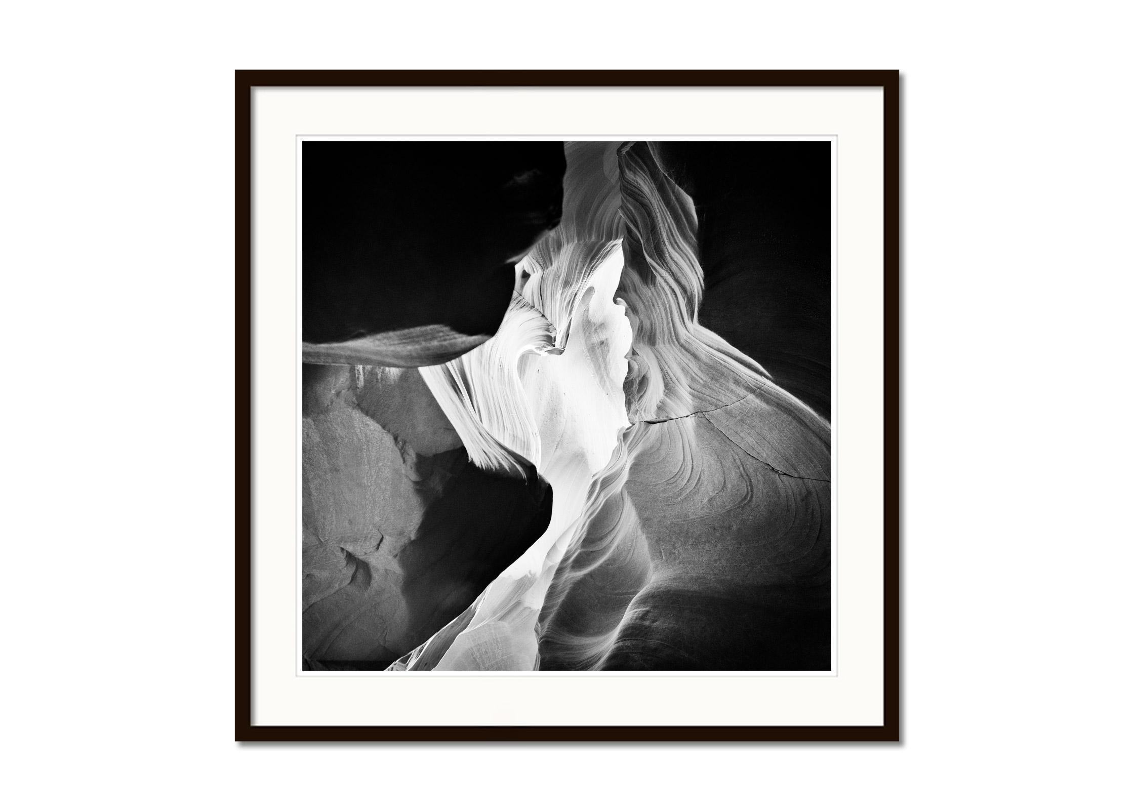 Black and white fine art landscape photography. Antelope Canyon sandstone formation detail, Page, Arizona, USA. Archival pigment ink print as part of a limited edition of 9. All Gerald Berghammer prints are made to order in limited editions on