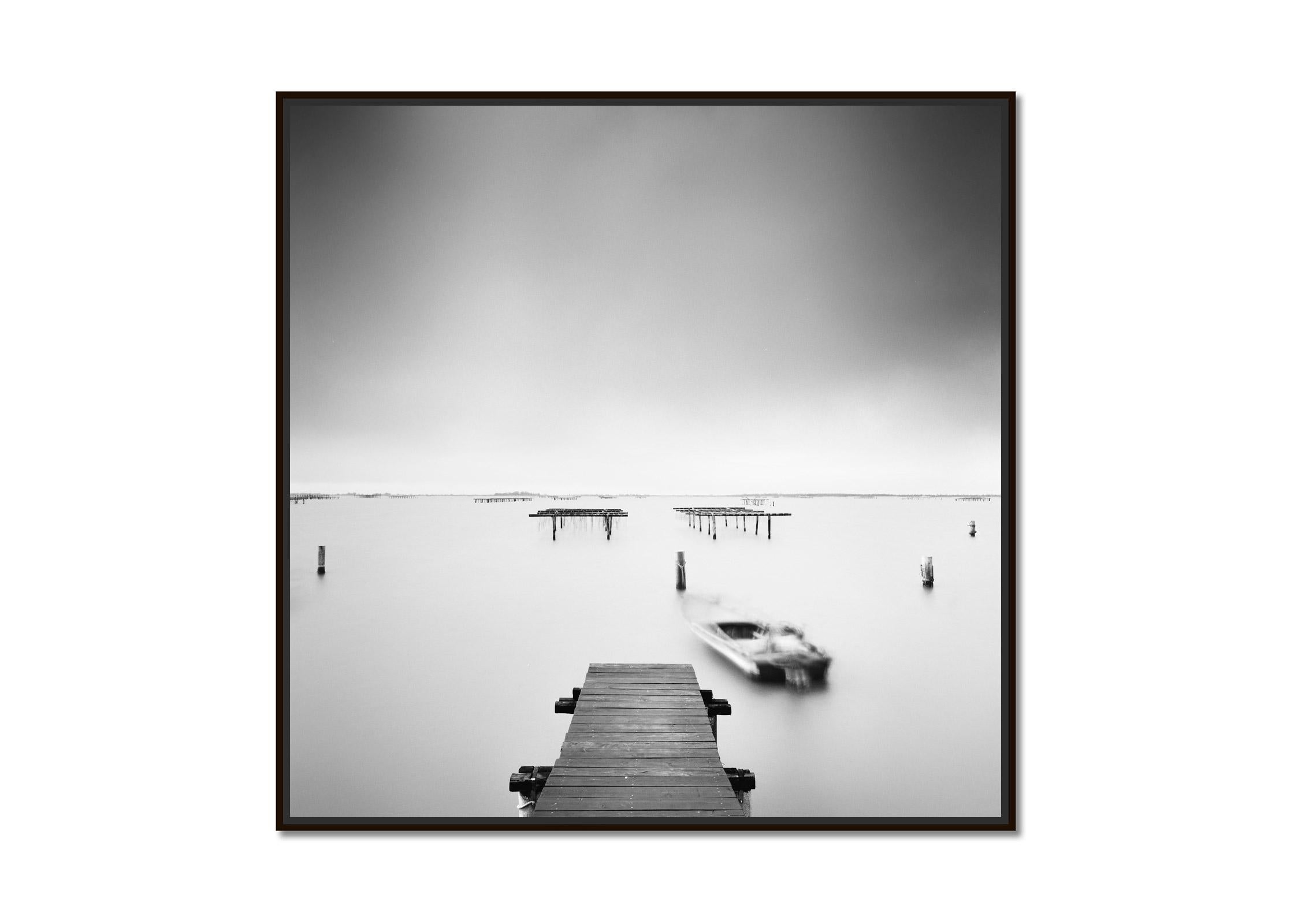 Aquaculture Structures, Boat, Fishing, black and white waterscape photography - Photograph by Gerald Berghammer