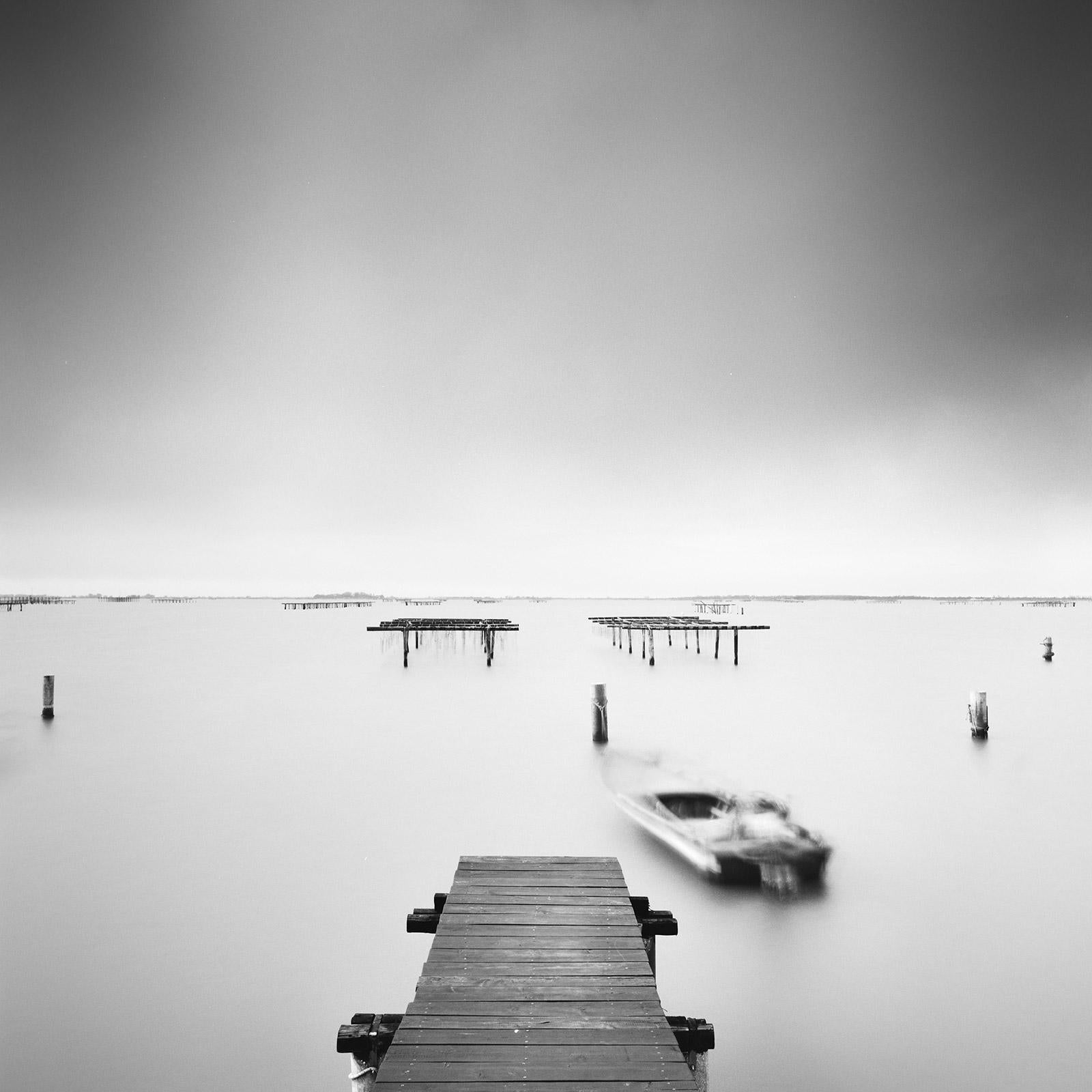 Gerald Berghammer Black and White Photograph - Aquaculture Structures, Boat, Fishing, black and white waterscape photography