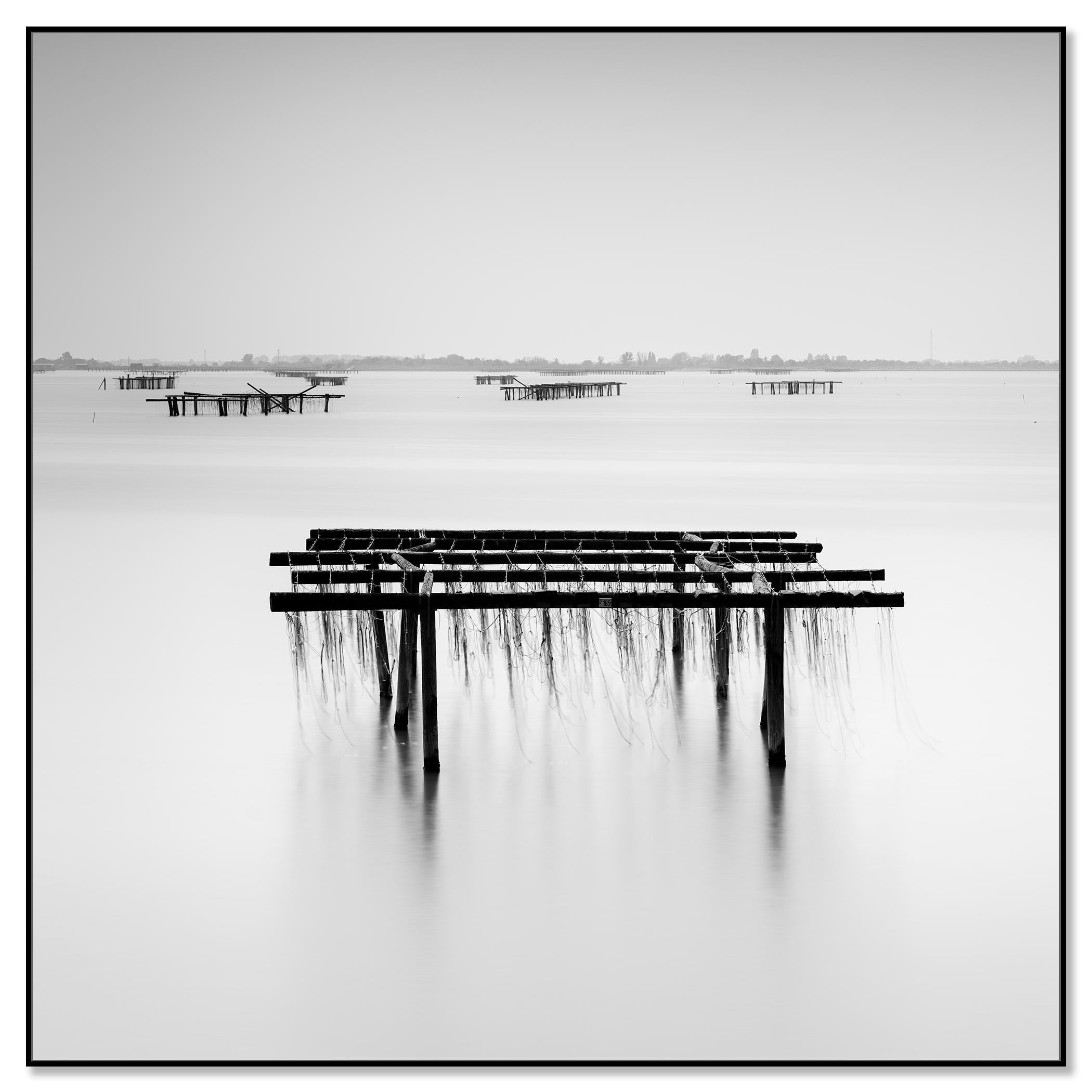 Aquaculture Structures, mono seascape, minimalist photograph, limited edition - Contemporary Photograph by Gerald Berghammer