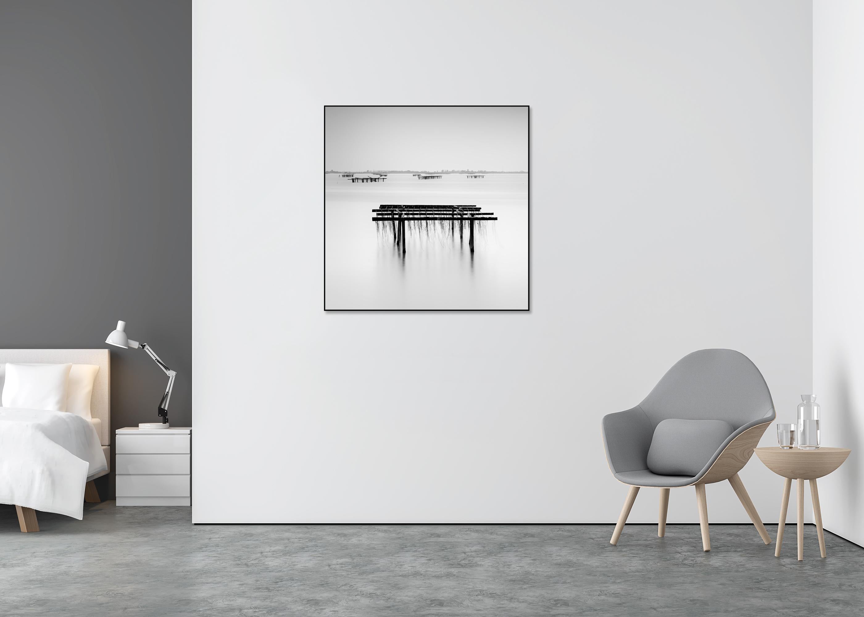 Aquaculture Structures, mono seascape, minimalist photograph, limited edition - Gray Black and White Photograph by Gerald Berghammer