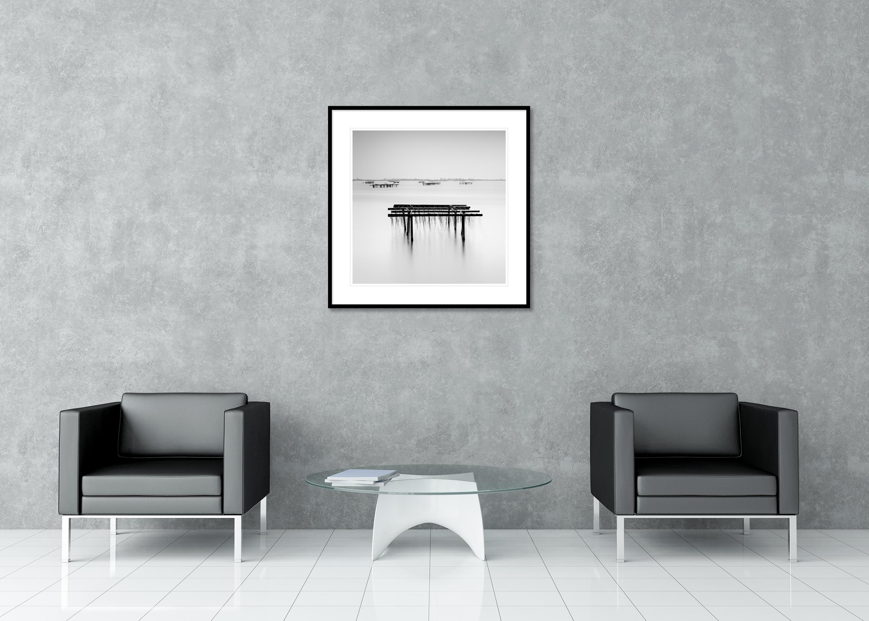 Aquaculture Structures, mono seascape, minimalist photograph, limited edition For Sale 2