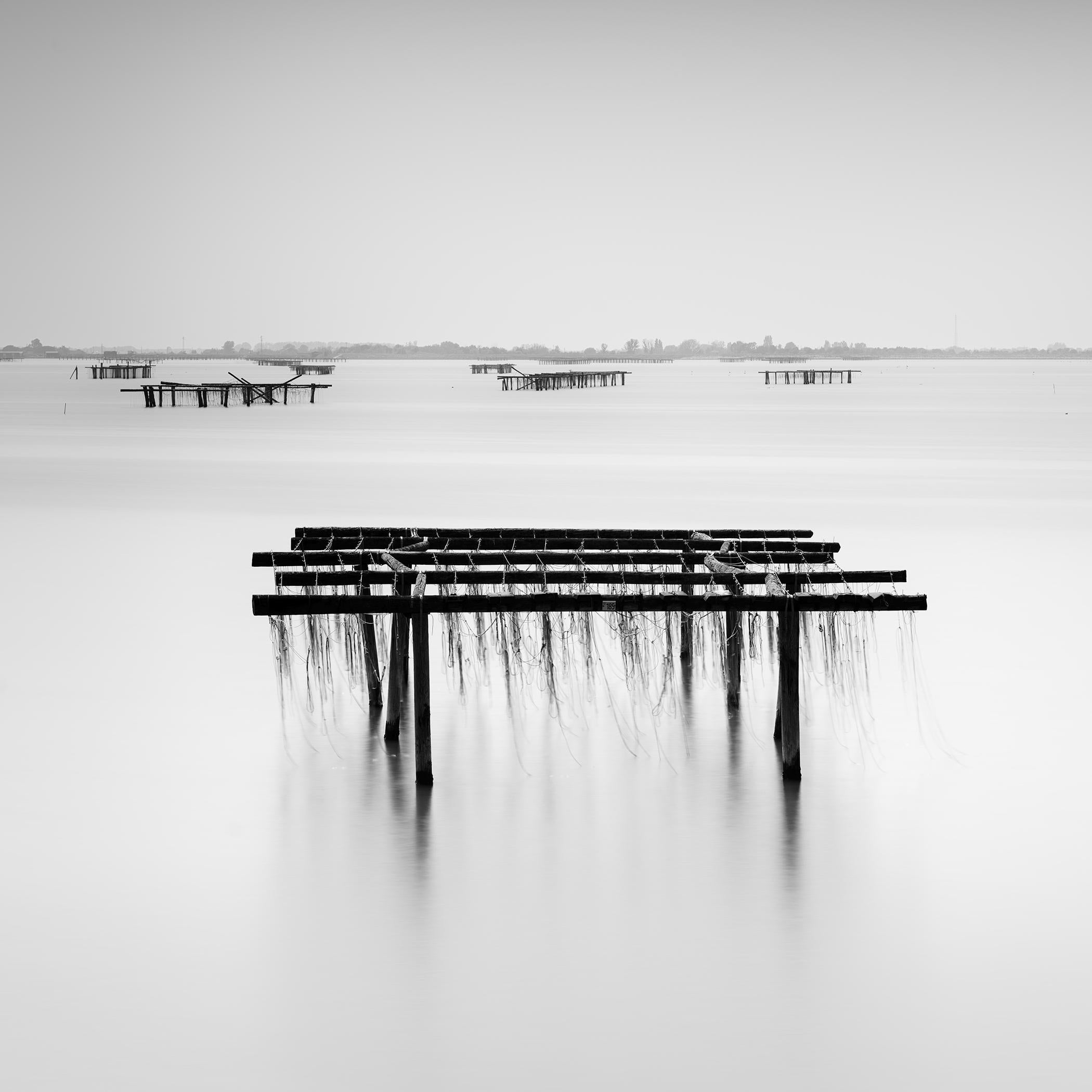 Gerald Berghammer Black and White Photograph - Aquaculture Structures, mono seascape, minimalist photograph, limited edition