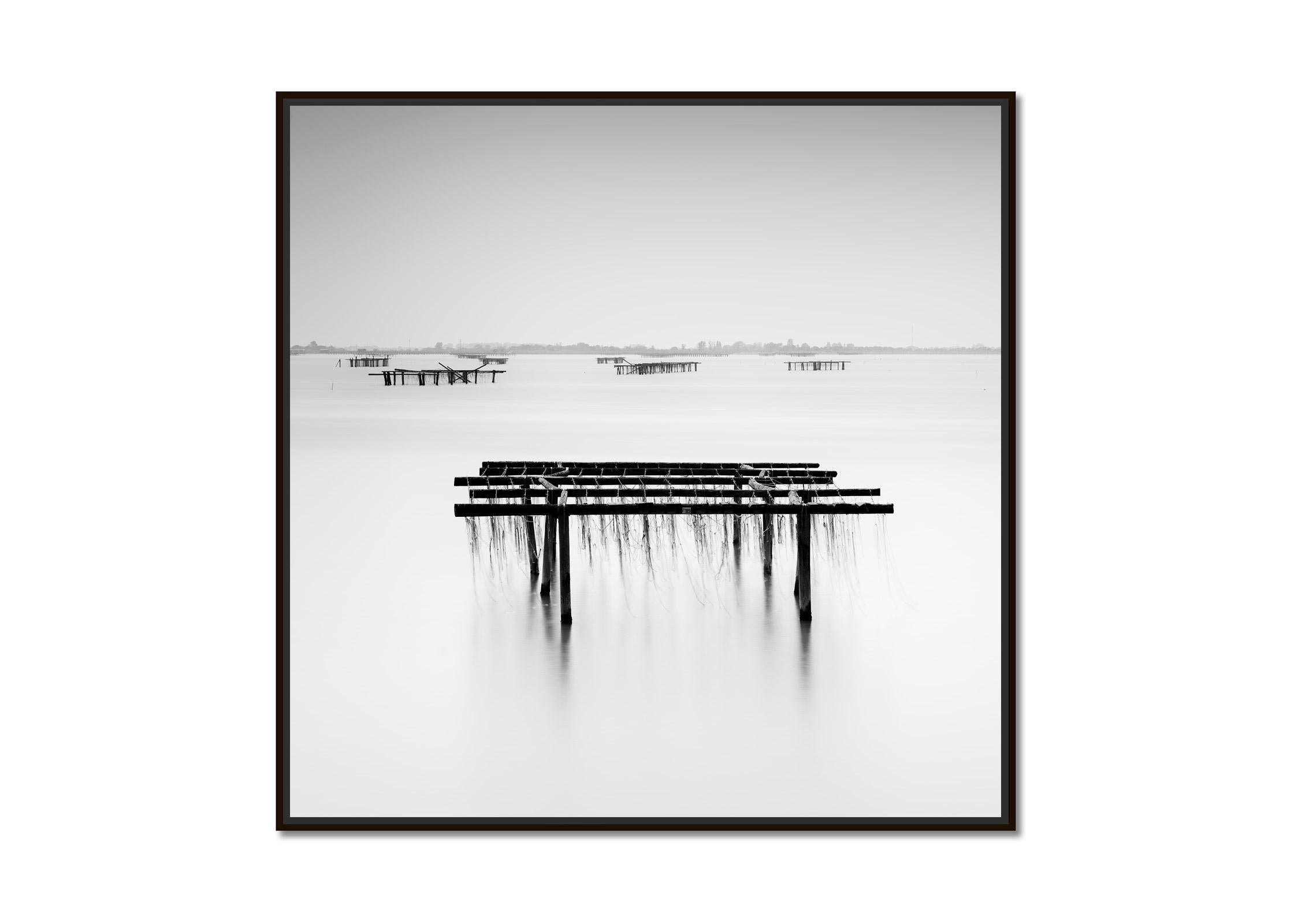 Aquaculture Structures, del delta del Po, black and white landscape photography - Photograph by Gerald Berghammer
