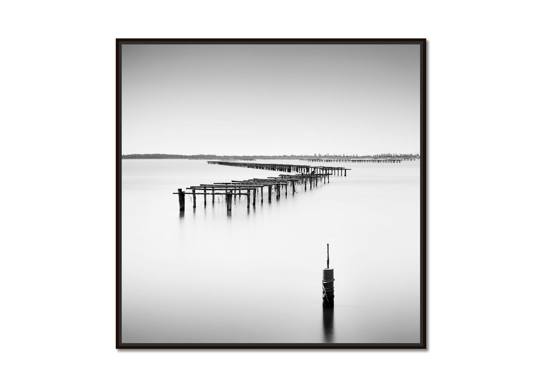 Aquaculture Structures, delta del po, black and white, landscape, photography - Photograph by Gerald Berghammer