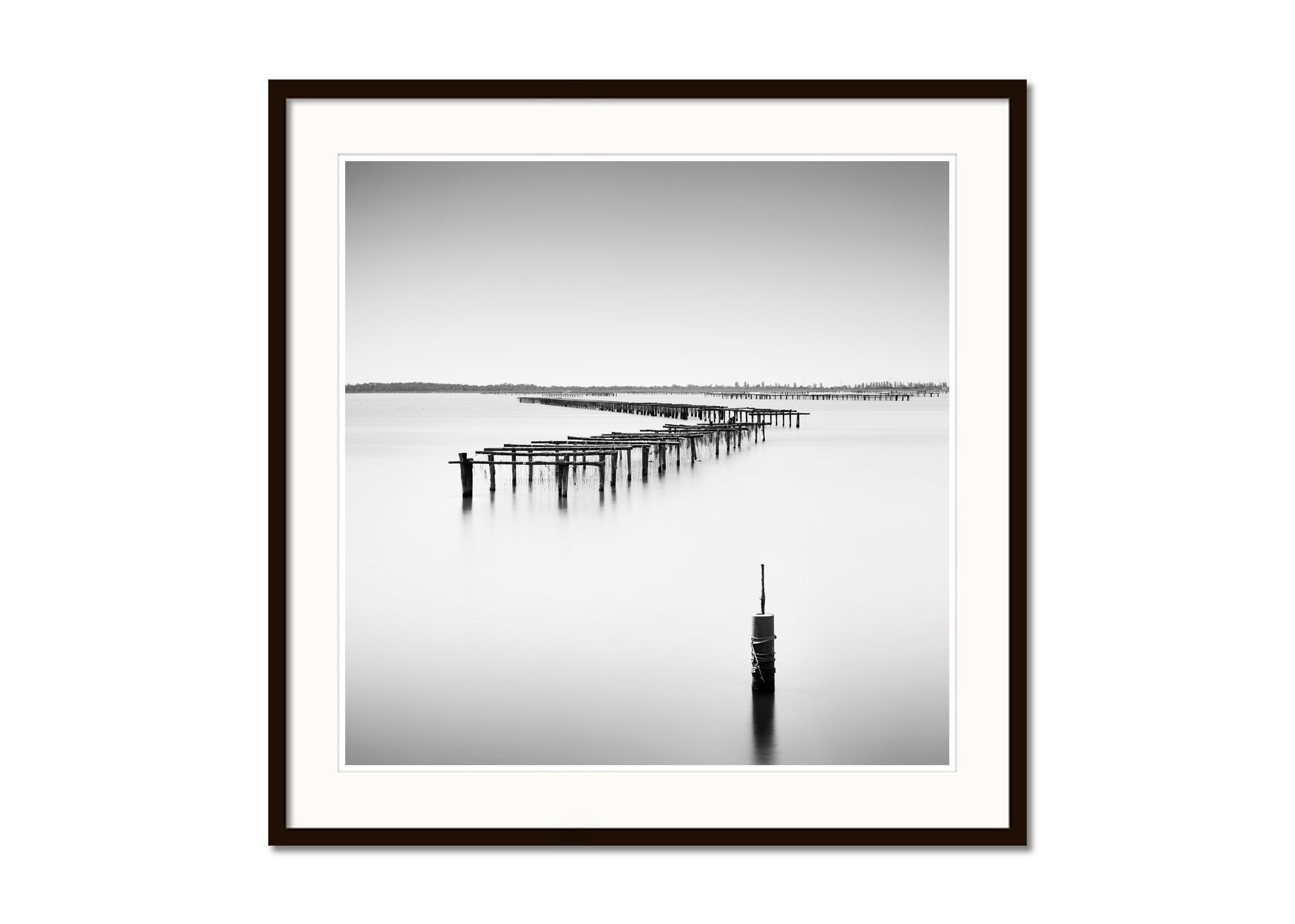 Aquaculture Structures, delta del po, black and white, landscape, photography - Gray Black and White Photograph by Gerald Berghammer