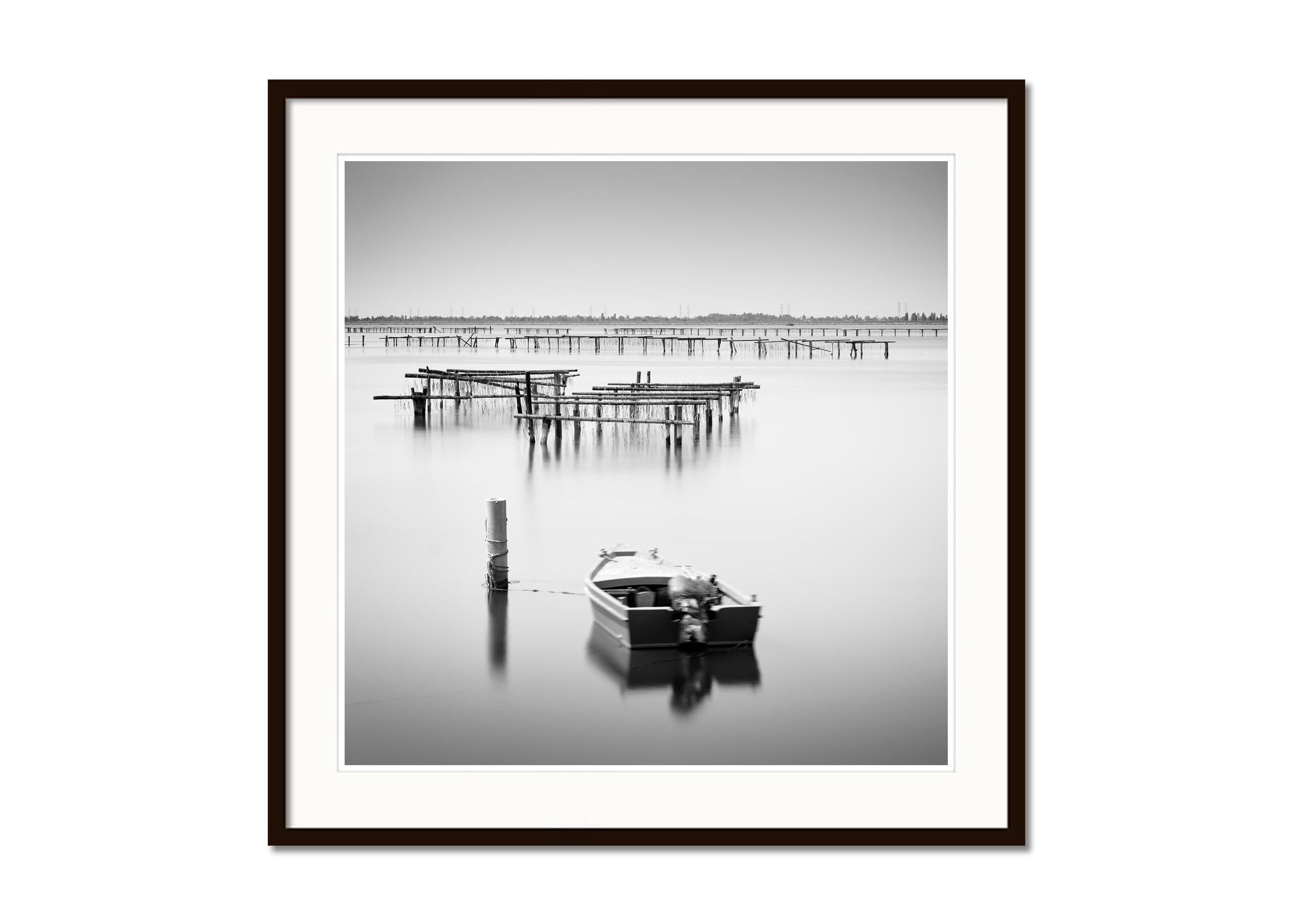 Aquaculture Structures, fishing boat, long exposure, black and white, landscape - Gray Black and White Photograph by Gerald Berghammer