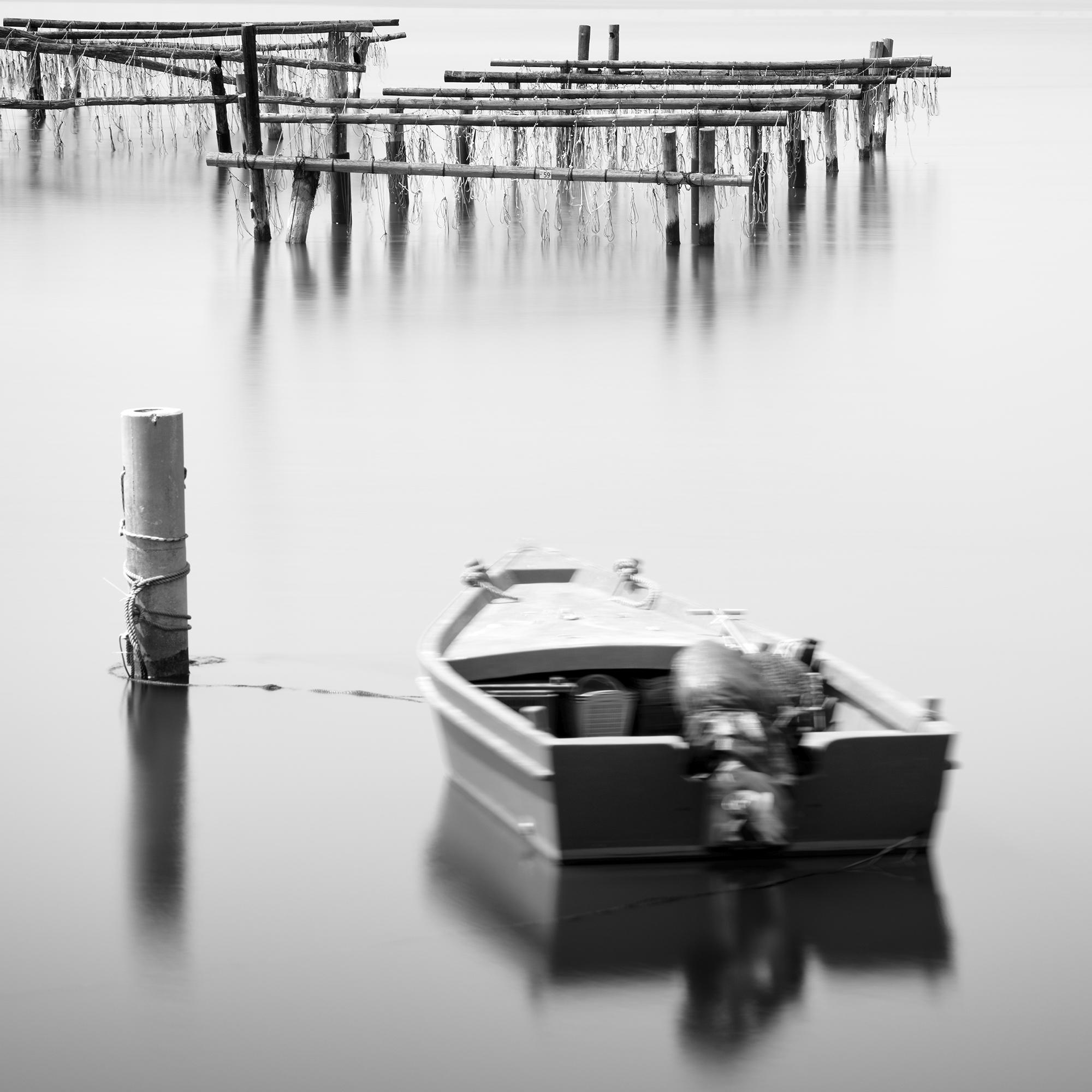 Aquaculture Structures, fishing boat, long exposure, black and white, landscape For Sale 3