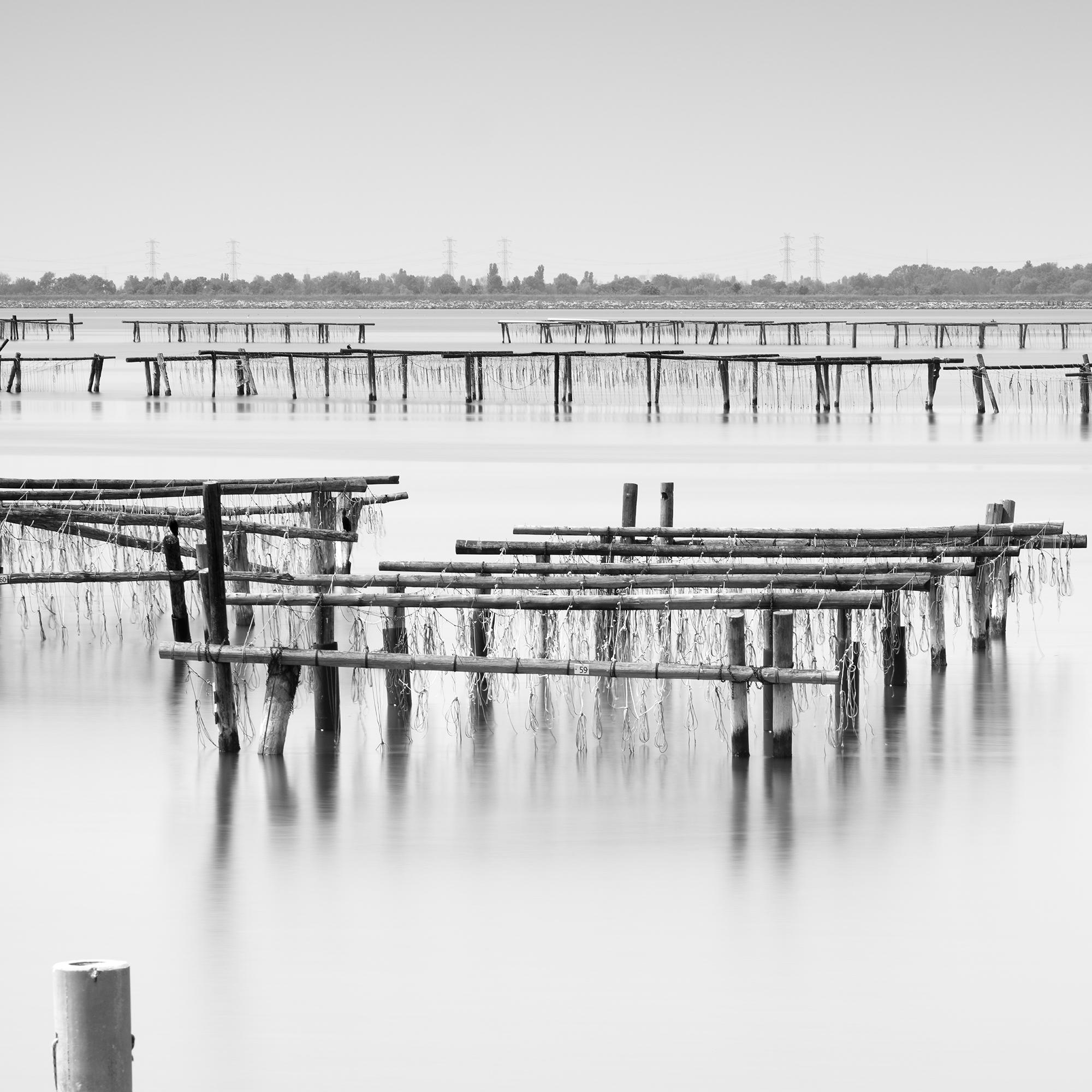 Aquaculture Structures, fishing boat, long exposure, black and white, landscape For Sale 4