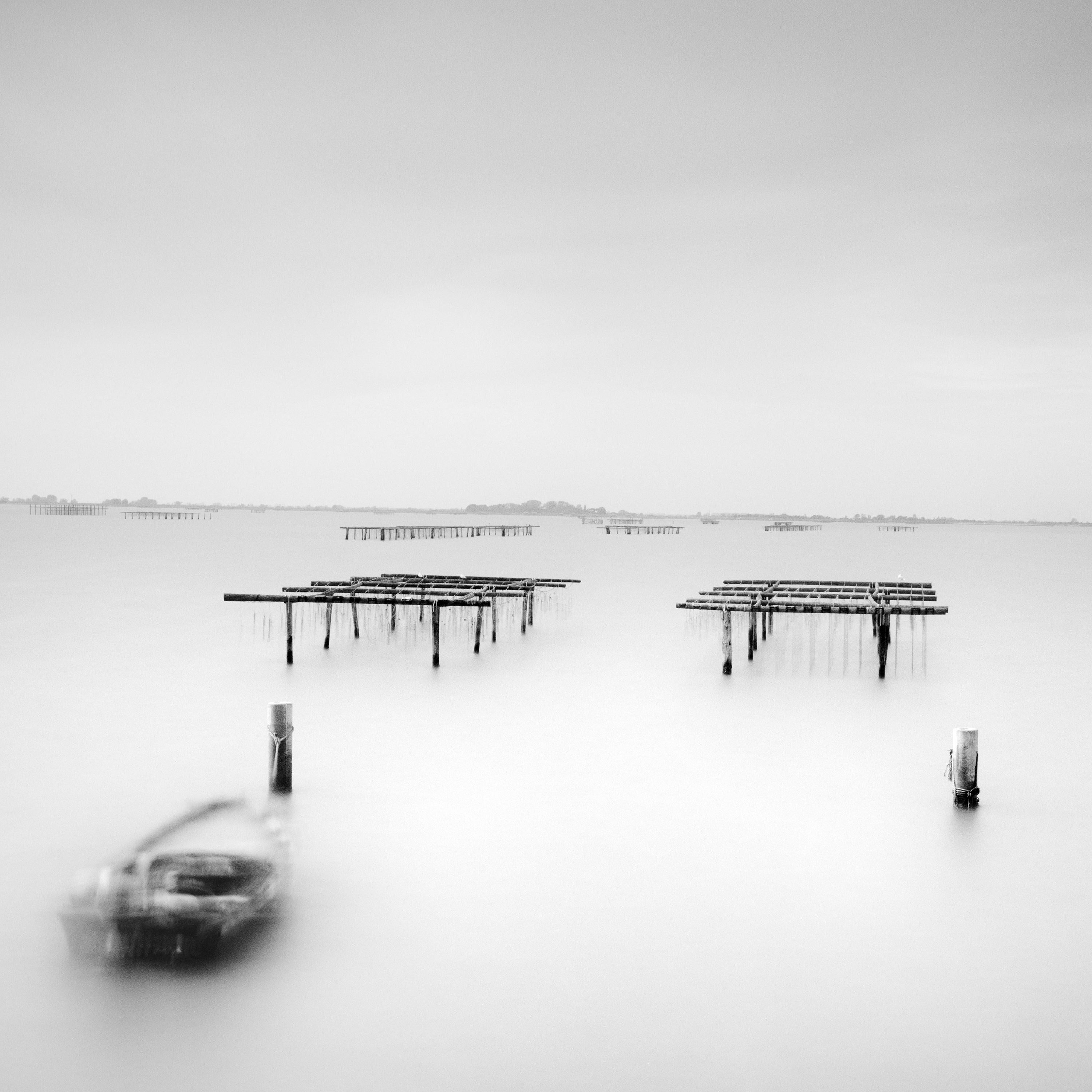 Black and White Fine Art waterscape long exposure photography - Beautiful mussel farm in Po Delta, Italy. Archival pigment ink print, edition of 9. Signed, titled, dated and numbered by artist. Certificate of authenticity included. Printed with 4cm